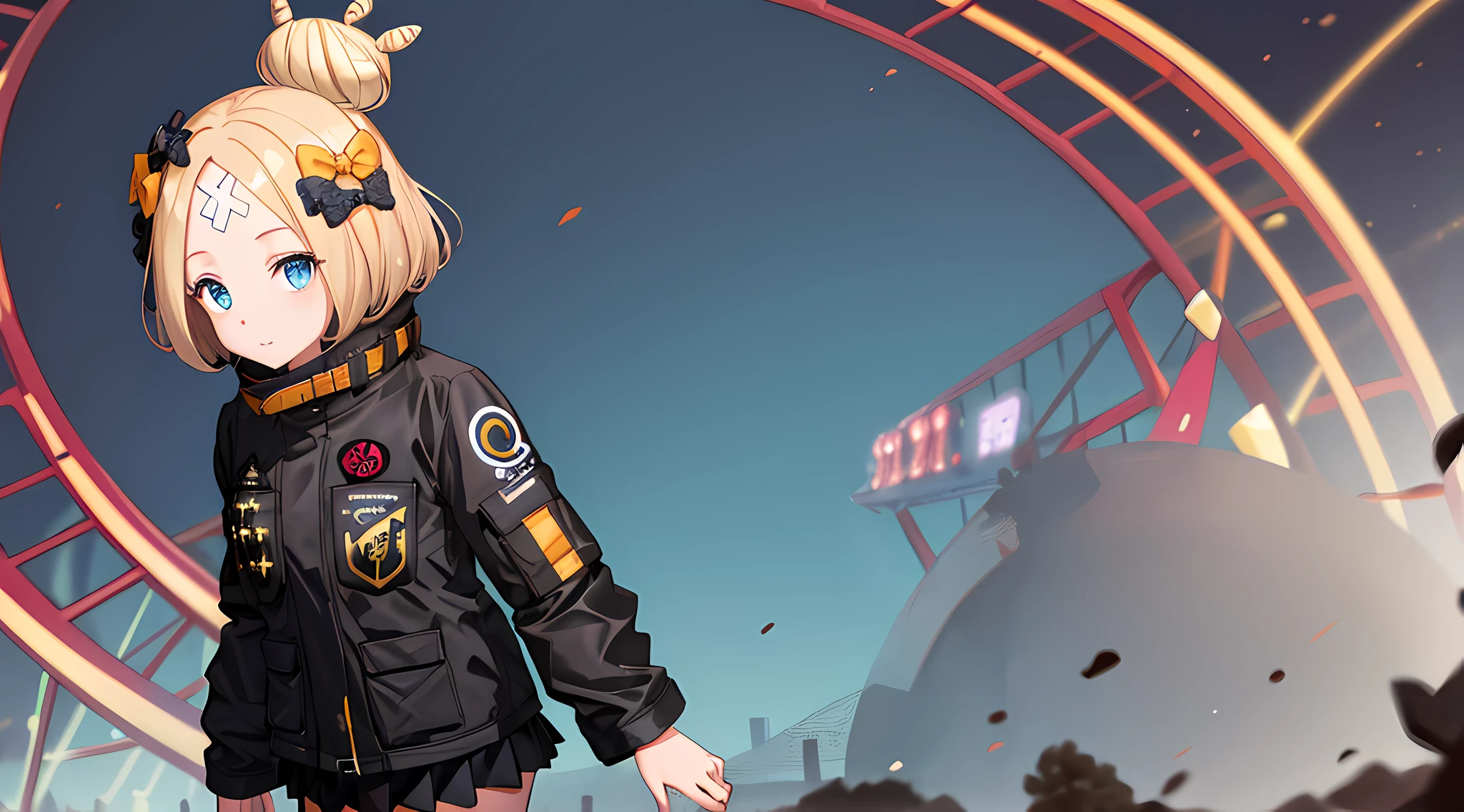 Masterpiece, Best quality, A high resolution, HMAW3, Short hair, bow, single hair bun, (Black jacket:1.2), Skirt, Cowboy shot, standing, An amusement park,