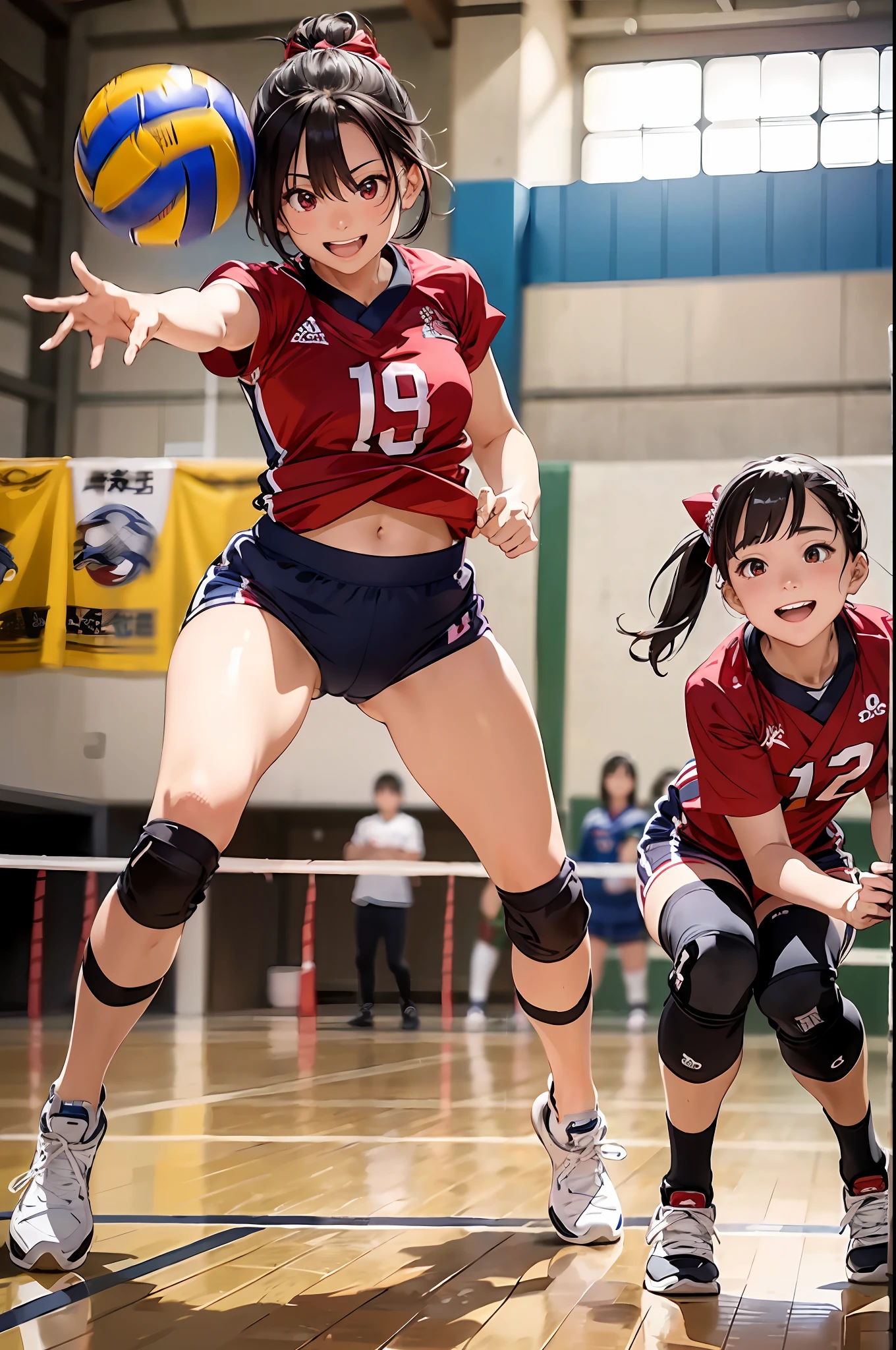 (top-quality、in 8K、32K、​masterpiece、nffsw、超A high resolution、Impresionismo、Photorealsitic:1.2)、Full body, Inside the gymnasium、Volleyball Court、beauitful face、blurry backround、16-year-old beautiful girl、shinny skin、bob cuts、Beautiful black hair、Red Eyes、(Hachimaki:1.2)、Volleyball Uniforms、Curve、dynamicposes、Smile with open mouth、Two girls