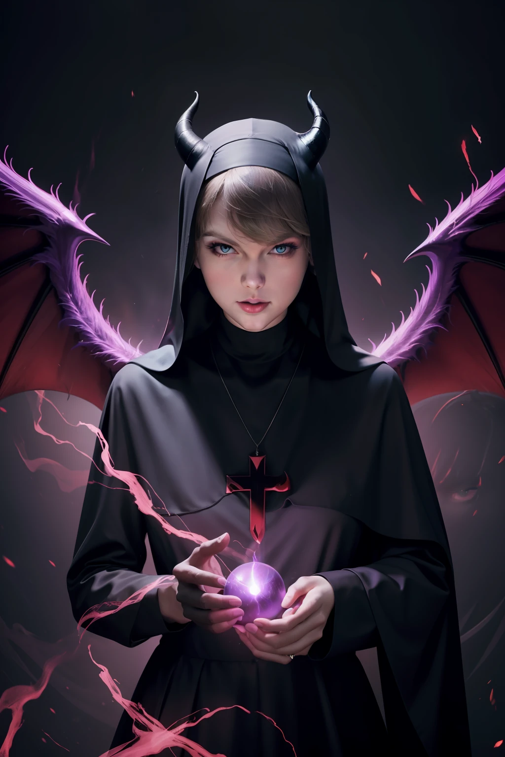 Taylor Swift : de face, looking directly at the camera The evil nun, Demon horn on the head, Demon wings in the back, an evil red glow emanating from her, His hands preparing a bright sphere of purple energy, diabolique, insidieux, Context of the Satanic Church