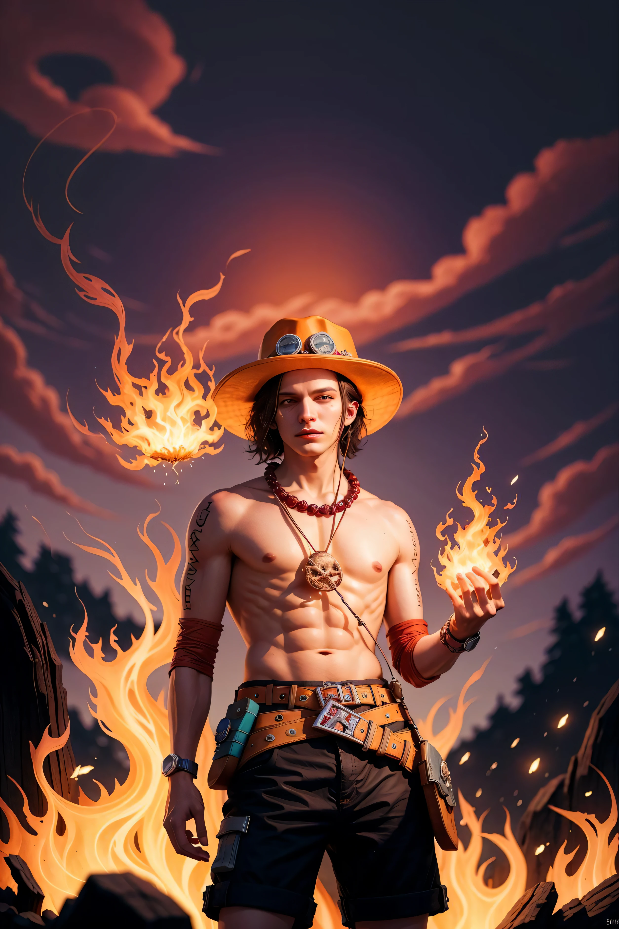 (masterpiece), (best quality:1.4), absurdres, [:intricate details:0.2], hyperrealistic, photography, kkw-ph1, 1 man, young, 18-year-old, (elven:0.7) portgas d. ace, freckles, hat, topless male, shorts, belt, jewelry, necklace, brown hair flaps, (style-swirlmagic:1.0), looking down, solo, (full body:0.6), detailed background, detailed face, (V0id3nergy, void theme:1.1)  sinister smirk, red color scheme, dark purple light, library, glowing magical runes, dark atmosphere, shadows, realistic lighting, floating particles, embers, surrounded by fire, summoning, red arcane symbols, power-hungry eyes,