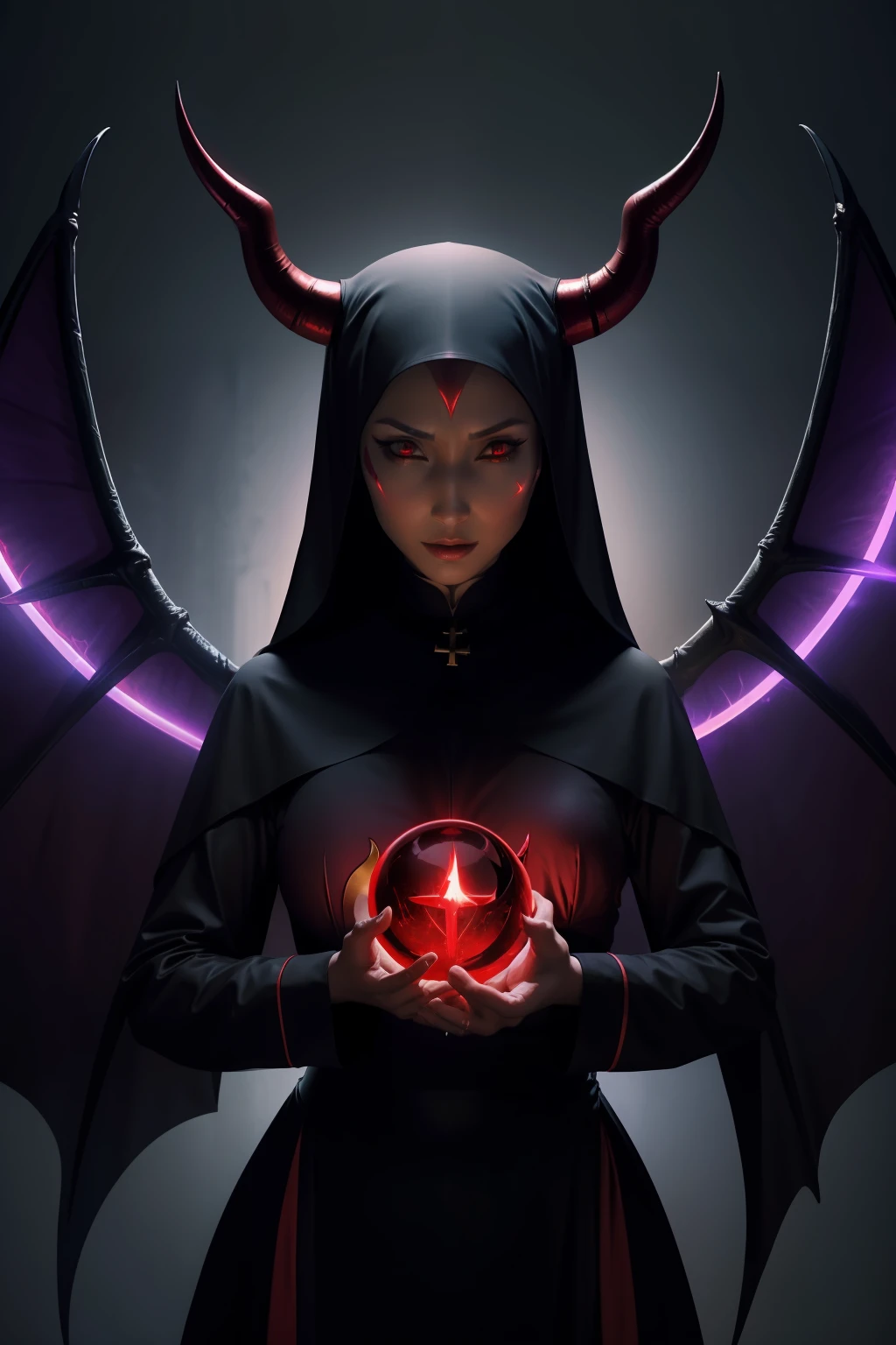 Katsuni : The evil nun, Demon horn on the head, Demon wings in the back , an evil red glow emanating from her, His hands preparing a bright sphere of purple energy, diabolique, insidieux, Context of the Satanic Church