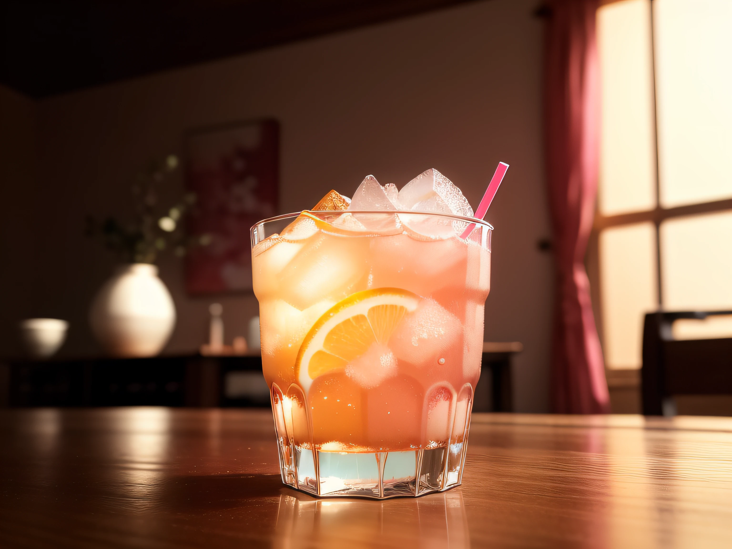 soft drink、pinkcolor、Small bubbles、No humans、Living room table、depth of fields、(blurry backround))、 ​masterpiece、top-quality、The ultra-detailliert