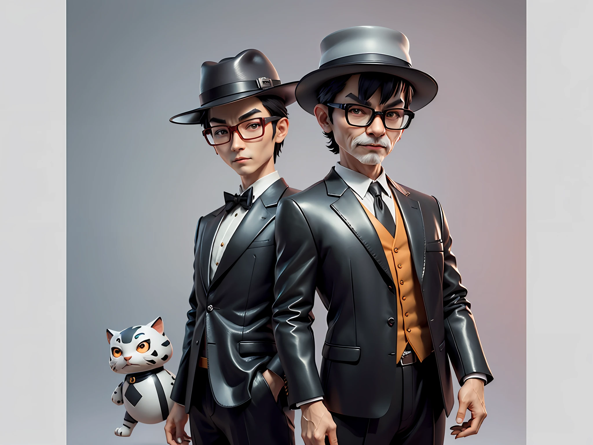 Young man with oriental face in leather hat, tiger, oriental face in formal suit, short black hair, silver glasses, digital painting, 3D character design by Mark Clairedon and Pixar and Hayao Miyazaki and Akira Toriyama, the illustration is a high-definition illustration in 4K resolution with very detailed facial features and cartoon-style visuals.