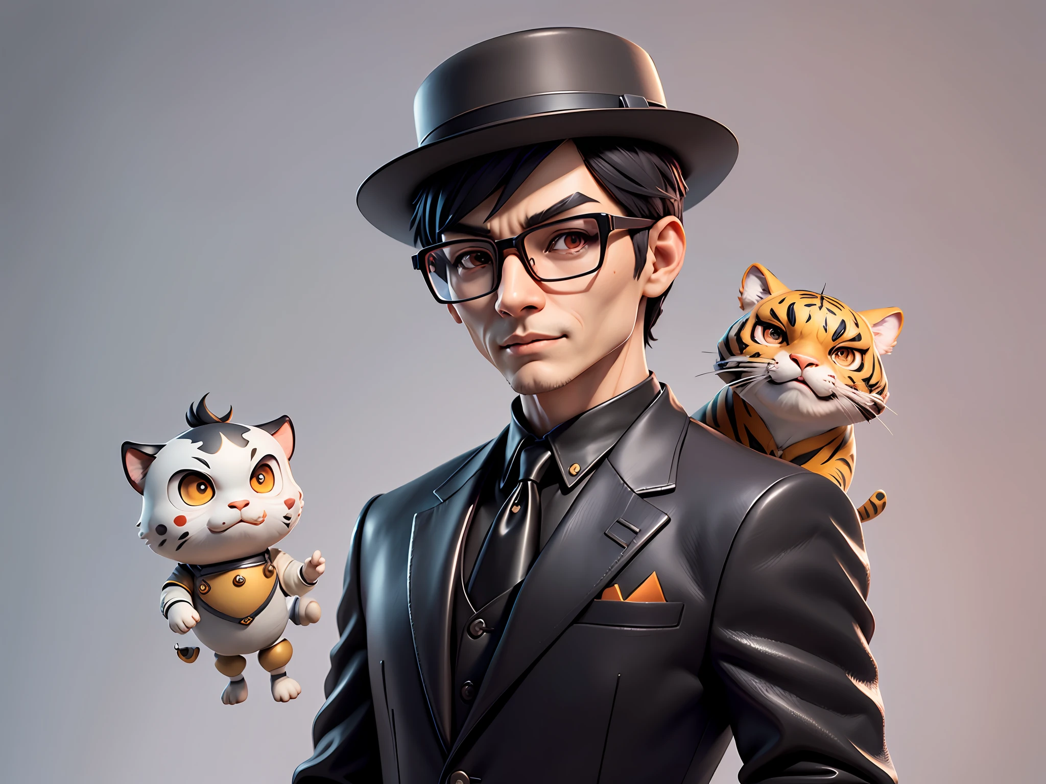 Young man with oriental face in leather hat, tiger, oriental face in formal suit, short black hair, silver glasses, digital painting, 3D character design by Mark Clairedon and Pixar and Hayao Miyazaki and Akira Toriyama, the illustration is a high-definition illustration in 4K resolution with very detailed facial features and cartoon-style visuals.