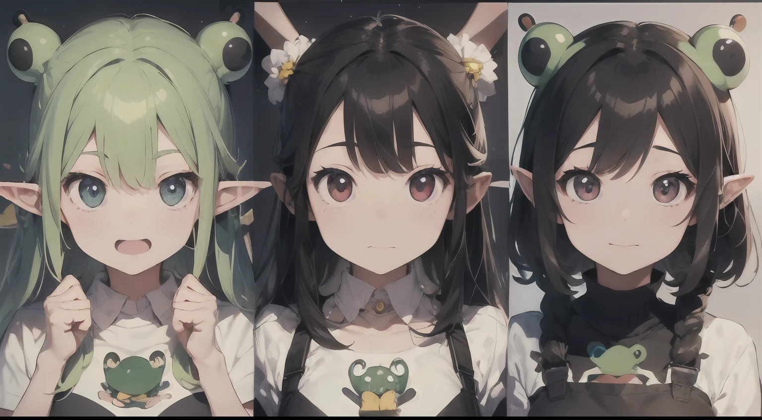 Cute elf characters drawn in realistic hand-drawn style、I like frogs、私はカエルの可愛い❤帽子をかぶっています