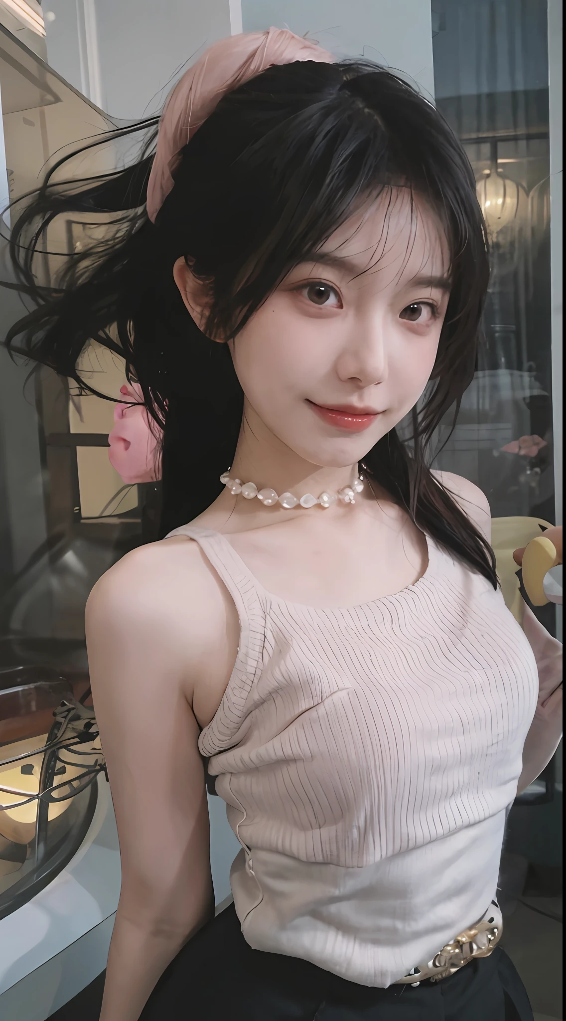 best qualtiy, 超高分辨率, (realisticlying:1.4),cute hairpin,Baoyu Girl,1girll, Raised sexy,a sense of atmosphere,Royal Sister,Beautiful woman with a slim figure:1.4, Abs:1.2, (High ponytail, mideum breasts:1.3), Pink cropped sweater:1.4, 浴室,Ultra-fine face,Elaborate Eyes,二重まぶた,ssmile,choker necklace