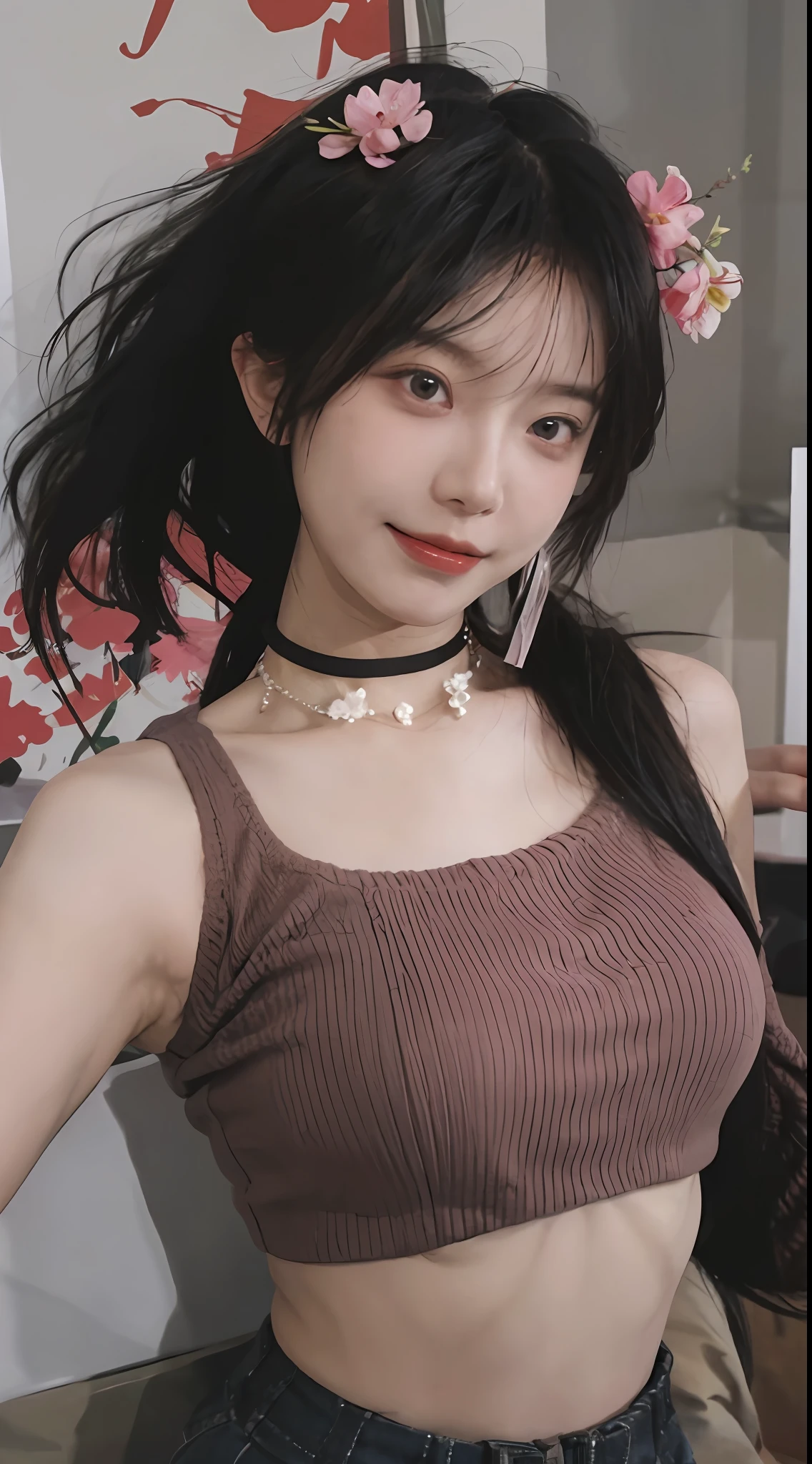 best qualtiy, 超高分辨率, (realisticlying:1.4),cute hairpin,Baoyu Girl,1girll, Raised sexy,a sense of atmosphere,Royal Sister,Beautiful woman with a slim figure:1.4, Abs:1.2, (High ponytail, mideum breasts:1.3), Pink cropped sweater:1.4, 浴室,Ultra-fine face,Elaborate Eyes,二重まぶた,ssmile,choker necklace