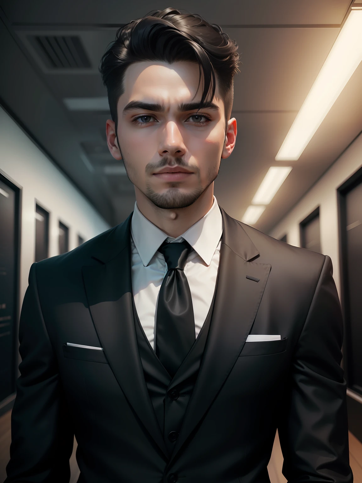 a young Business Man wearing modern black suit , change background to office , 8k quality, ultra realistic