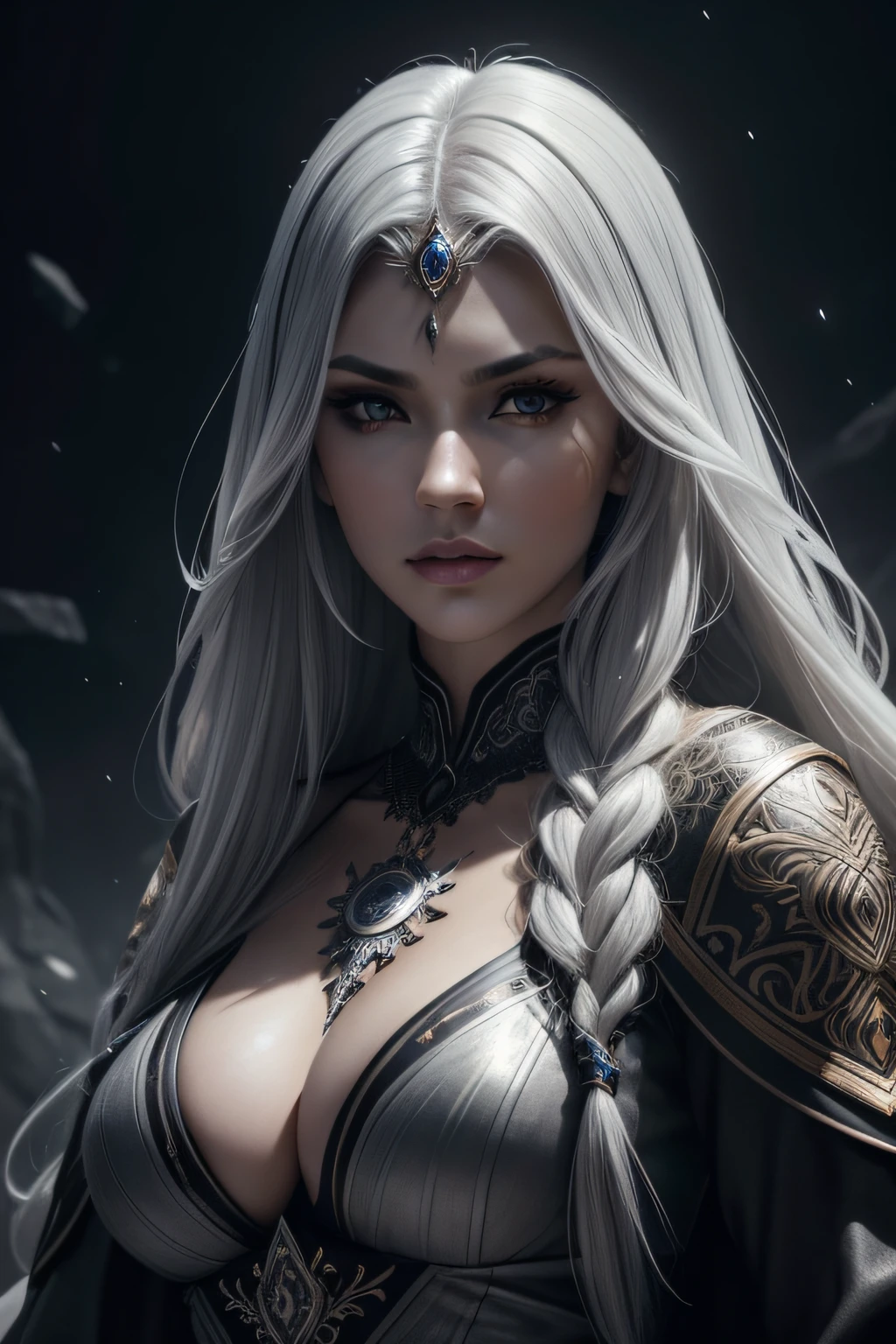 a dramatic hot beautiful Russian witch,
dramatic moonlight, geometric, gray dress, long white hairs, big breasts, super detailed brown eyes, white skin, side look angle, splash arts, highly detailed, dark fantasy, dramatic, geometric background, extremely detailed, ultra realistic, Intricate details, detailed shading, trendsetter, sharp focus, octane render, hyperdetailed,