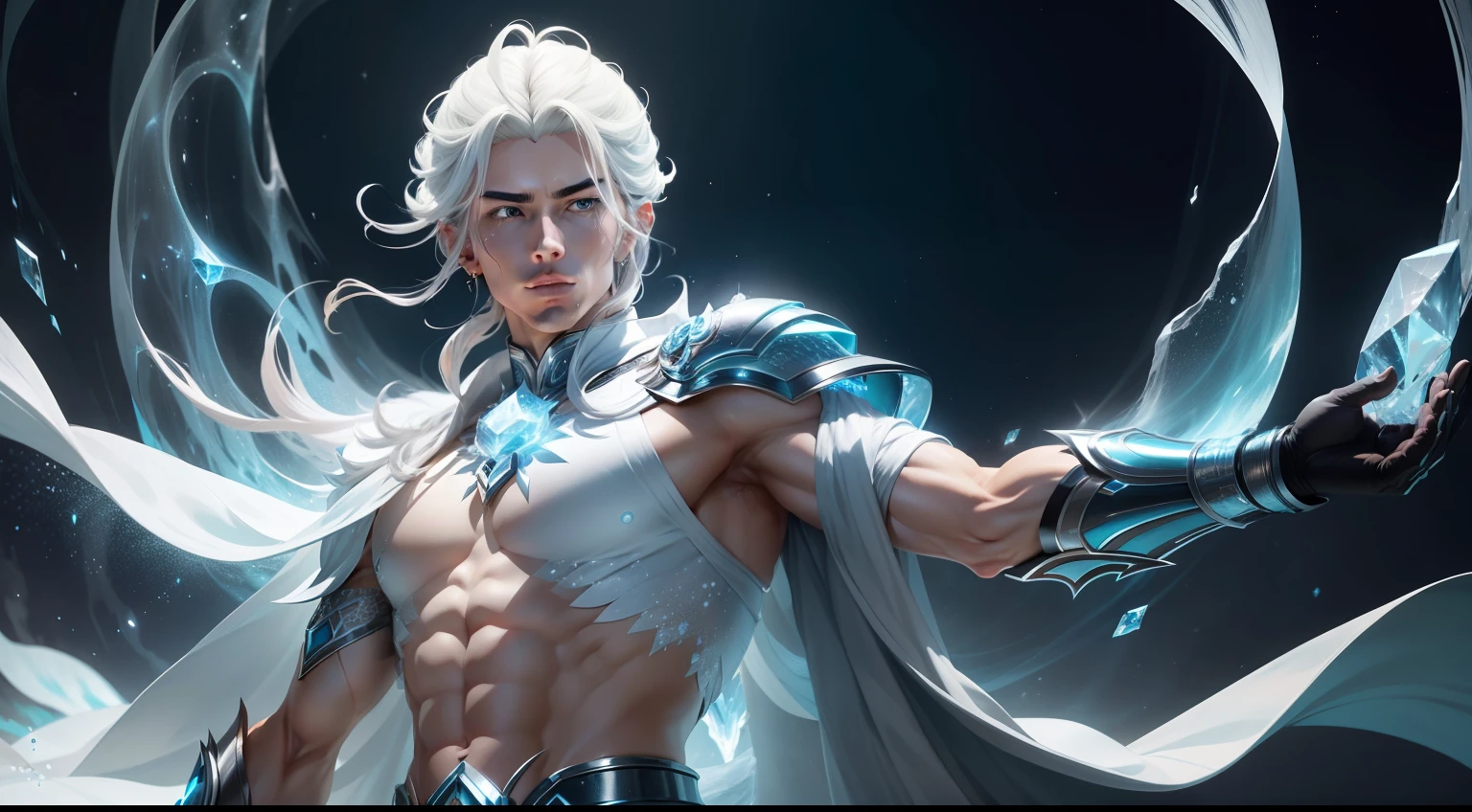 "Compose a scene where Hyoga of Cygnus exhibits his mastery by skillfully applying the Diamond Dust technique, causing shimmering ice crystals to envelop his surroundings and freeze the air itself, showcasing both his exceptional control over cryokinesis and the breathtaking beauty of his power."