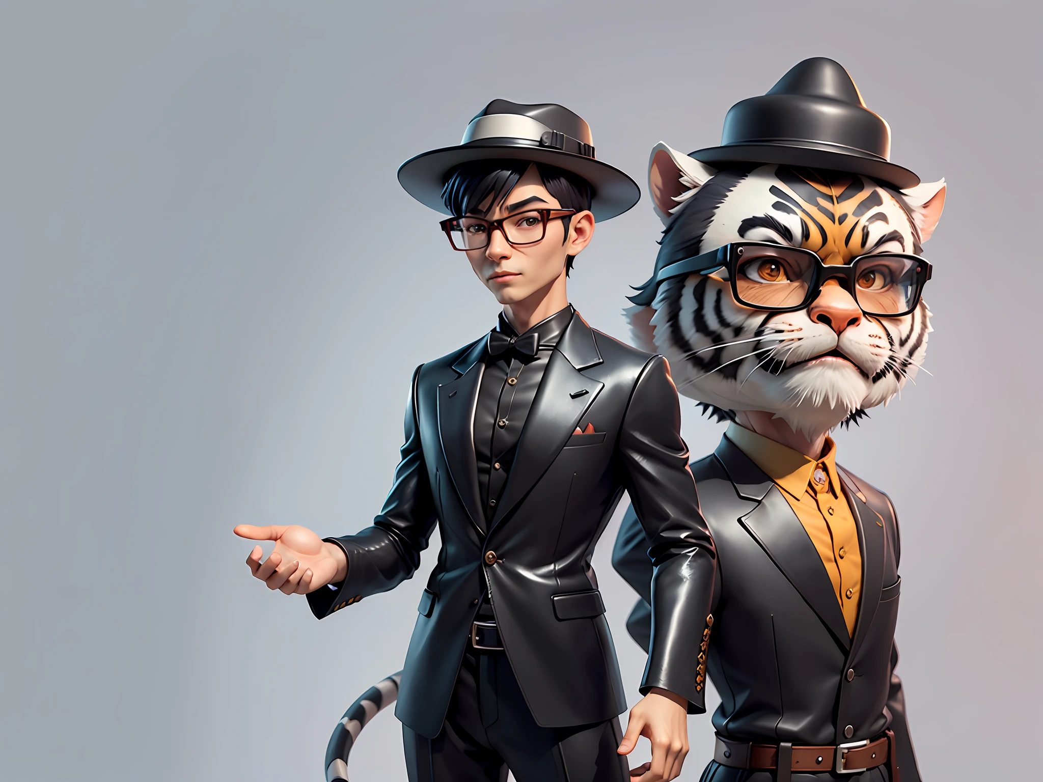 Young man with oriental face in leather hat, tiger, oriental face in formal suit, short black hair, silver glasses, digital painting, 3D character design by Mark Clairedon and Pixar and Hayao Miyazaki and Akira Toriyama, the illustration is a high-definition illustration in 4K resolution with very detailed facial features and cartoon-style visuals.