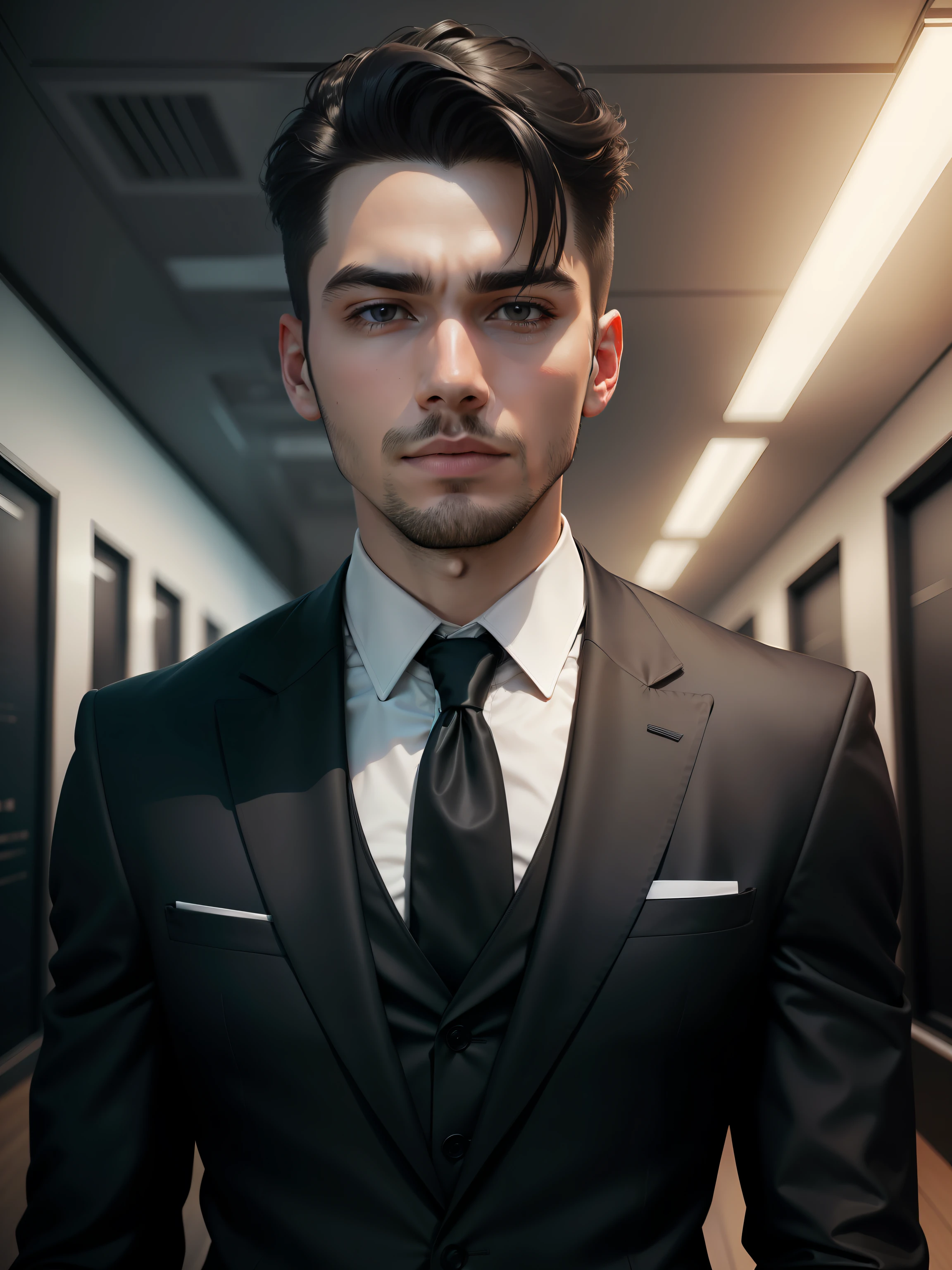 a young Business Man wearing modern black suit , change background to office , 8k quality, ultra realistic
