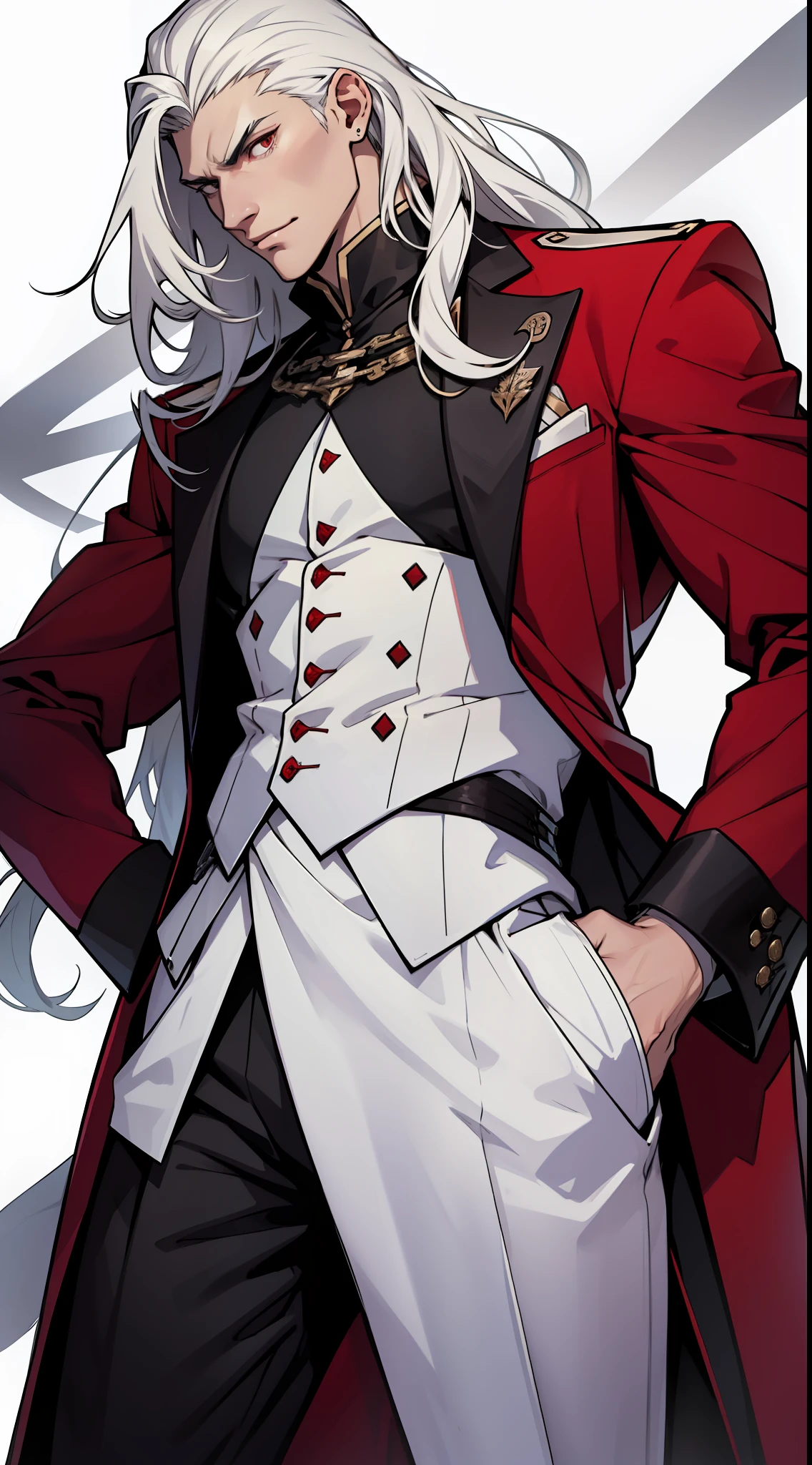 a tall teen guy with long white hairs  , wearing a villain style clothes long red suit with black and white details
