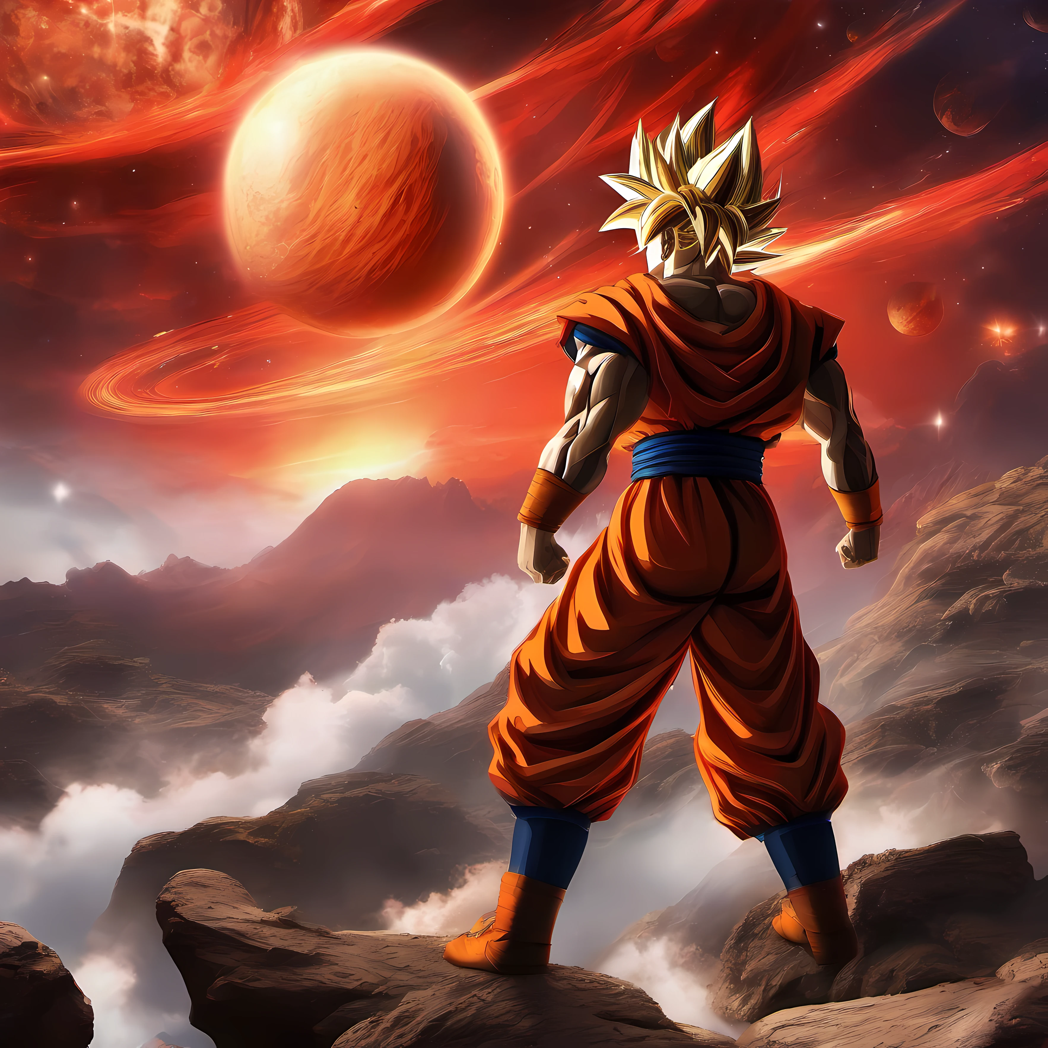 O Goku Super Saiyajin se transforma com poderosos raios brancos emanando dele, as the sky turns red and 3D planets explode in the background.