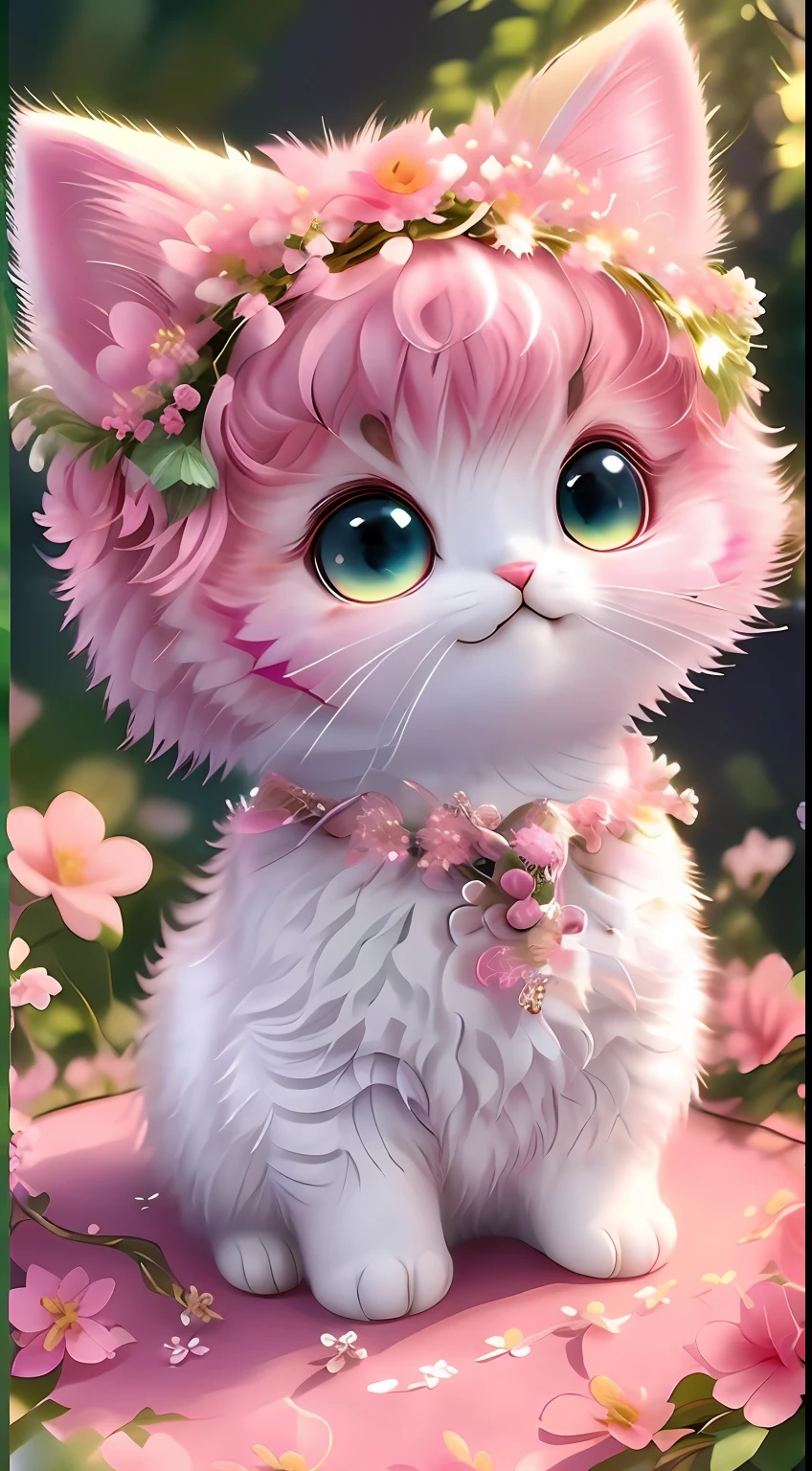 ， Realista， desgrenhado， （Gatinho vestido）， uma bochecha， corpo inteiroesbian， non-human， sorriso， olhos brilhantes， Minitário， Sente-se em um galho， deitado，em rosa，On the left hand！！！