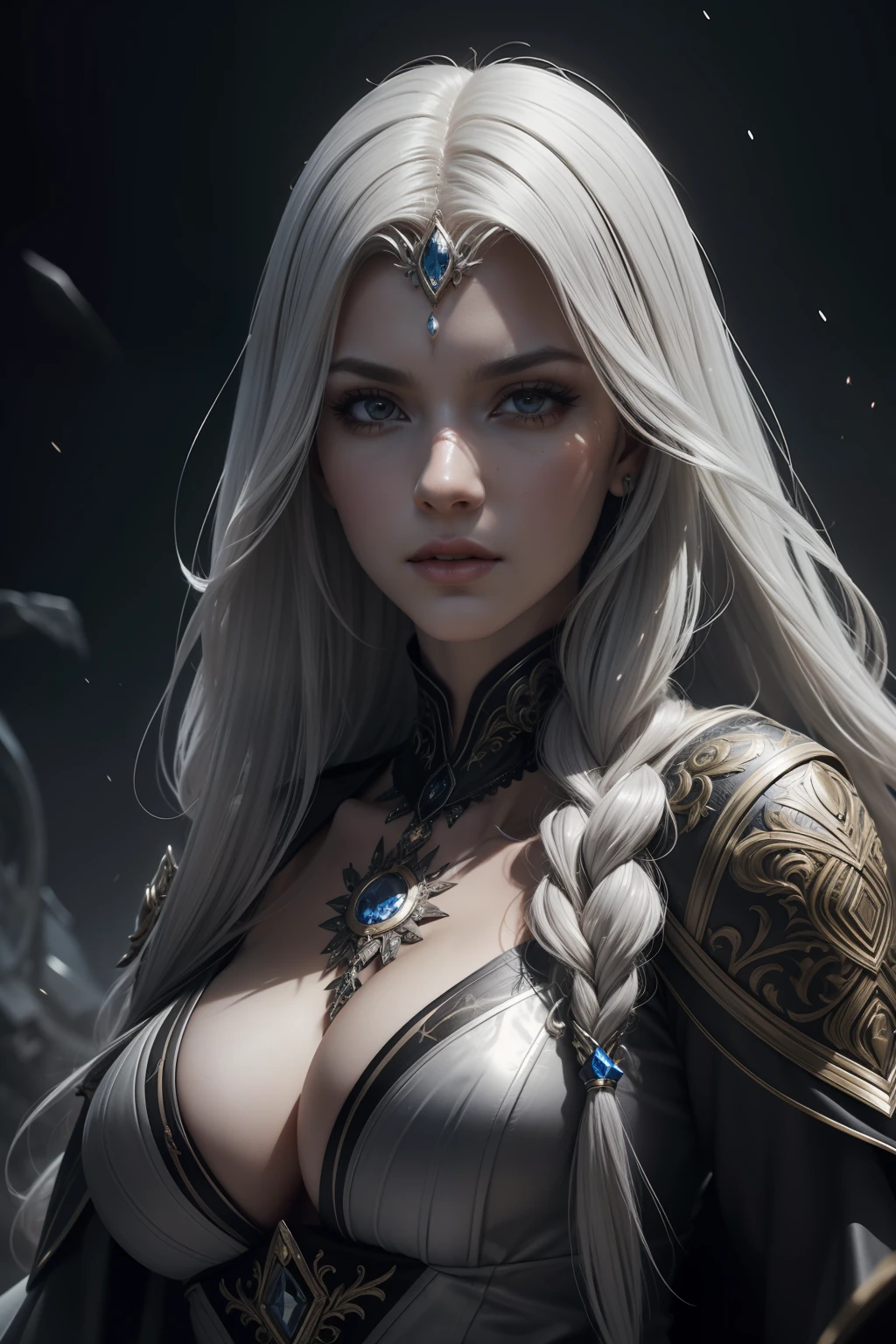 a dramatic hot beautiful Russian witch,
dramatic moonlight, geometric, gray dress, long white hairs, big breasts, super detailed brown eyes, white skin, side look angle, splash arts, highly detailed, dark fantasy, dramatic, geometric background, extremely detailed, ultra realistic, Intricate details, detailed shading, trendsetter, sharp focus, octane render, hyperdetailed,