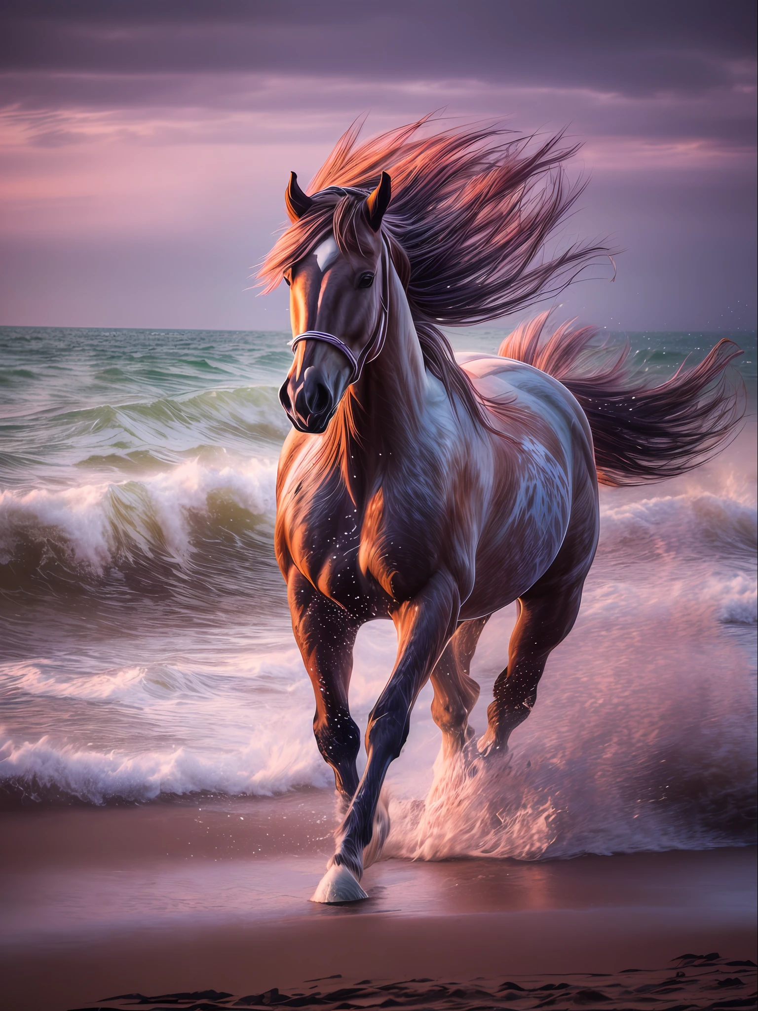 (tempest, waves, splatter (anthro horse, running along the seashore, The horse has wings)), Color Image, (Sunset on the sea), Lightroom, Cinematic, HDR, Soggy, an intricate, hiquality, Calm tones, Complicated details, low contrast