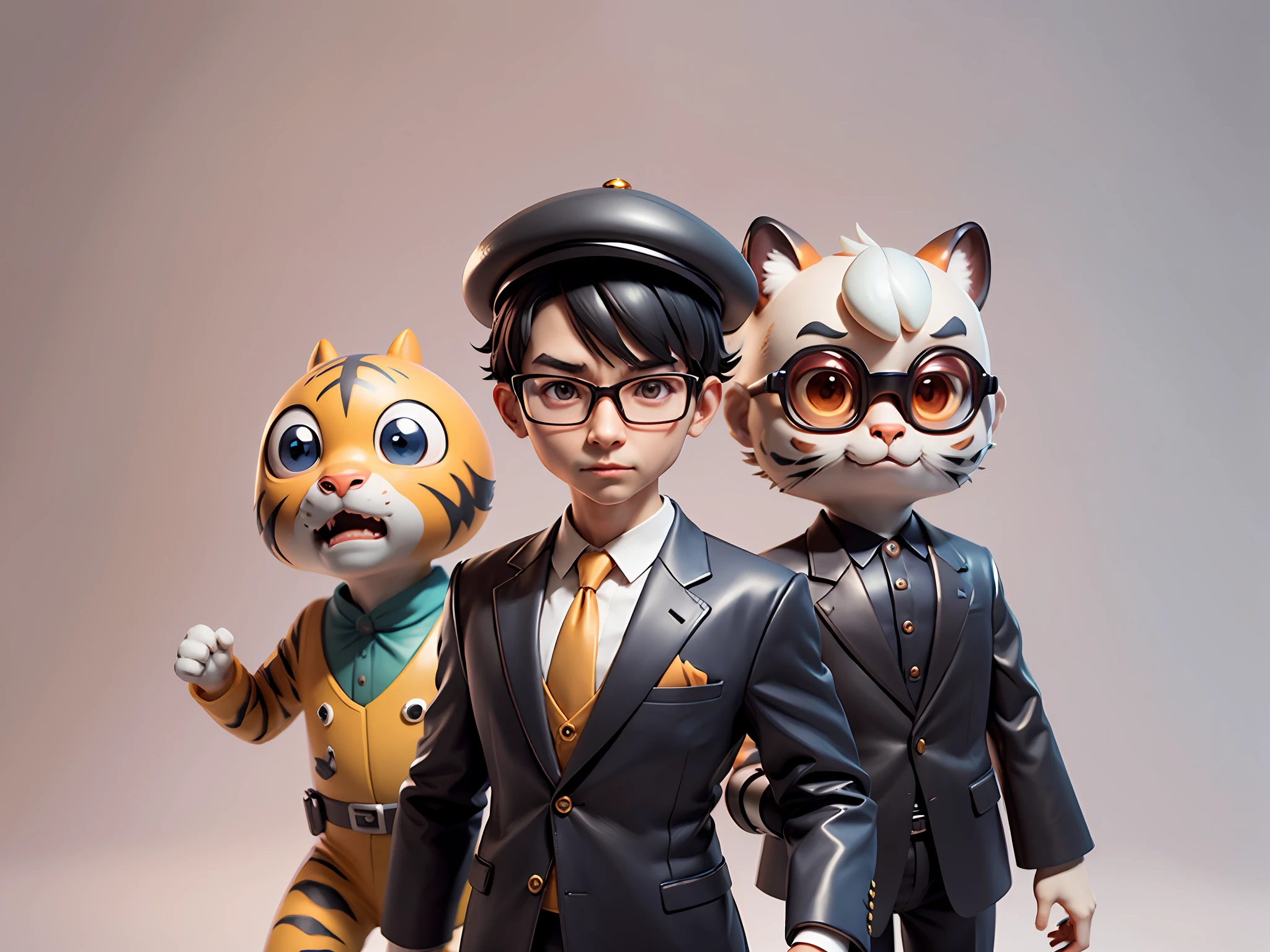 Young man with oriental face in leather hat, tiger, oriental face in formal suit, short black hair, silver glasses, digital painting, 3D character design by Mark Clairedon and Pixar and Hayao Miyazaki and Akira Toriyama, the illustration is a high-definition illustration in 4K resolution with very detailed facial features and cartoon-style visuals.