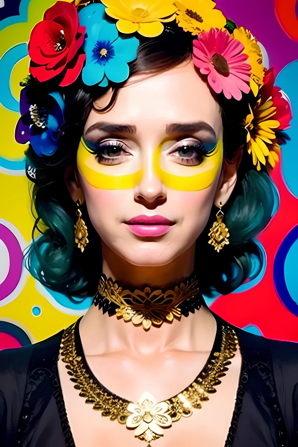 Obra de arte abstracta que utiliza formas superpuestas de colores para crear un retrato de una hermosa mujer. The look should be inspired by the unique painting styles found in Cubism with an emphasis on texture and intricate details., including hand-drawn typefaces and organic flourishes around the eyes, las mejillas y la nariz.Add a gold mask on your face