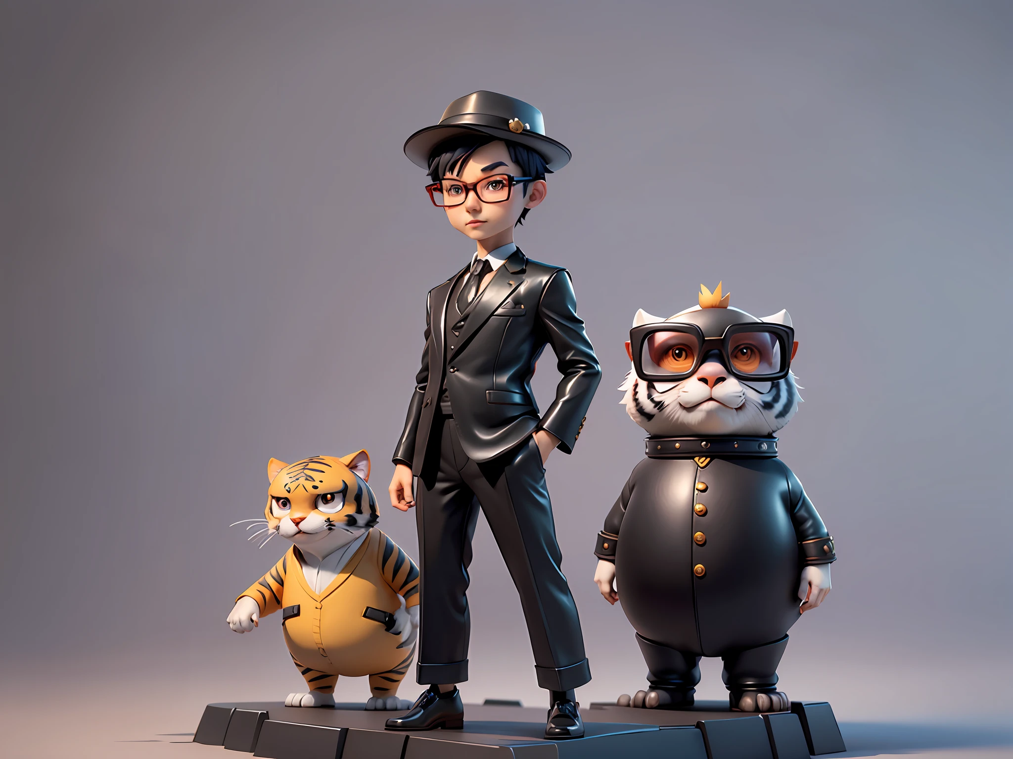 Young man with oriental face in leather hat, tiger, oriental face in formal suit, short black hair, silver glasses, digital painting, 3D character design by Mark Clairedon and Pixar and Hayao Miyazaki and Akira Toriyama, the illustration is a high-definition illustration in 4K resolution with very detailed facial features and cartoon-style visuals.