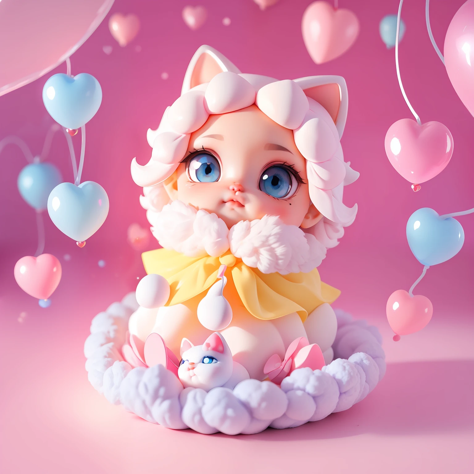 Gatinho branco pequeno fofo, olhos grandes e brilhantes, heart in bright eyes, fundo rosa com luzes amarelo brilhantes, floating shiny soap bubbles, borboleta voando brincando com o gatinho, illuminated floating rose hearts, linda arte e fofo.