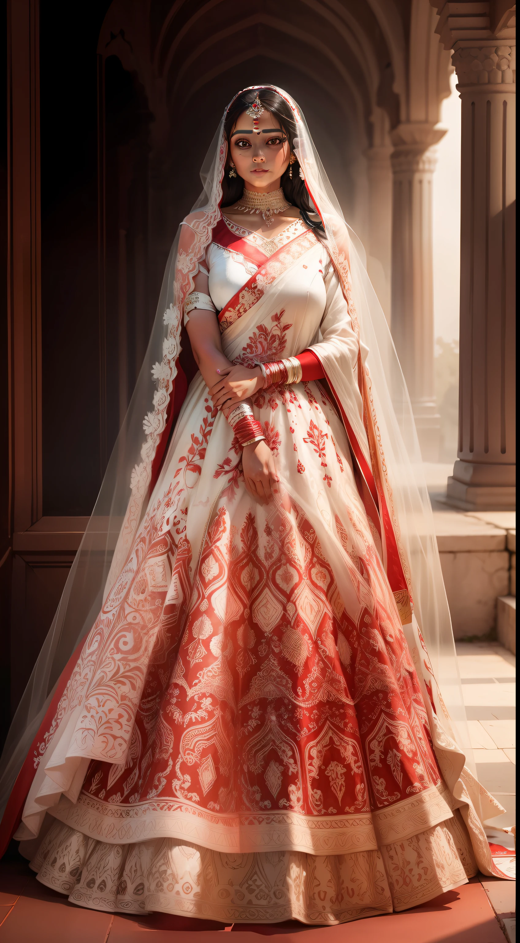 A indian girl, wearing white and red wedding dress, with designs on it, animated, clear face, and clear background.