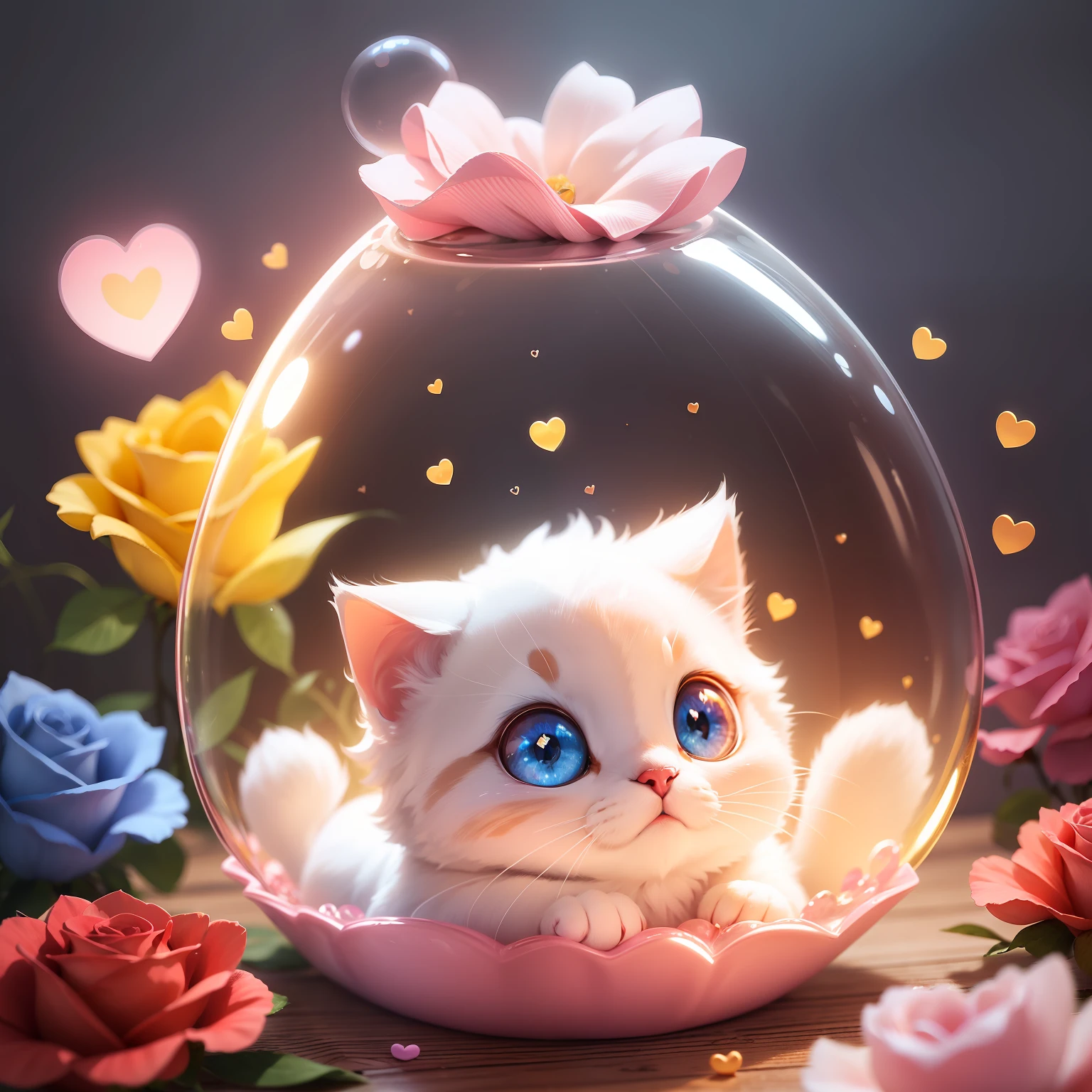 Gatinho branco pequeno fofo, olhos grandes e brilhantes, heart in bright eyes, fundo rosa com luzes amarelo brilhantes, floating shiny soap bubbles, borboleta voando brincando com o gatinho, Hearts of illuminated floating roses, linda arte e fofo.