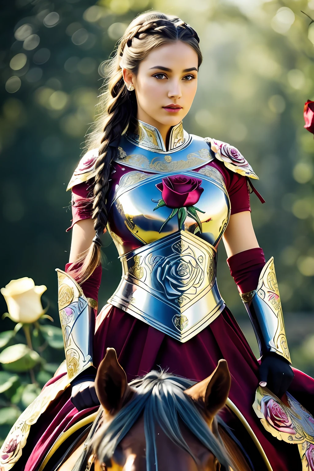 tmasterpiece,best qualtiy,hdr, hyper HD, 8K,Bokeh,Ultra-fine painting,Sharp focus,Physically-based rendering,Extreme detail description,1 female paladin,Raised sexy,ride horse,sabre,Light silver armor,(Richly decorated armor:1.5),(The rose pattern is delicate and beautiful:1.5),Golden hair,Long, Thick braids,A detailed eye,Straight nose,perfect bodies,