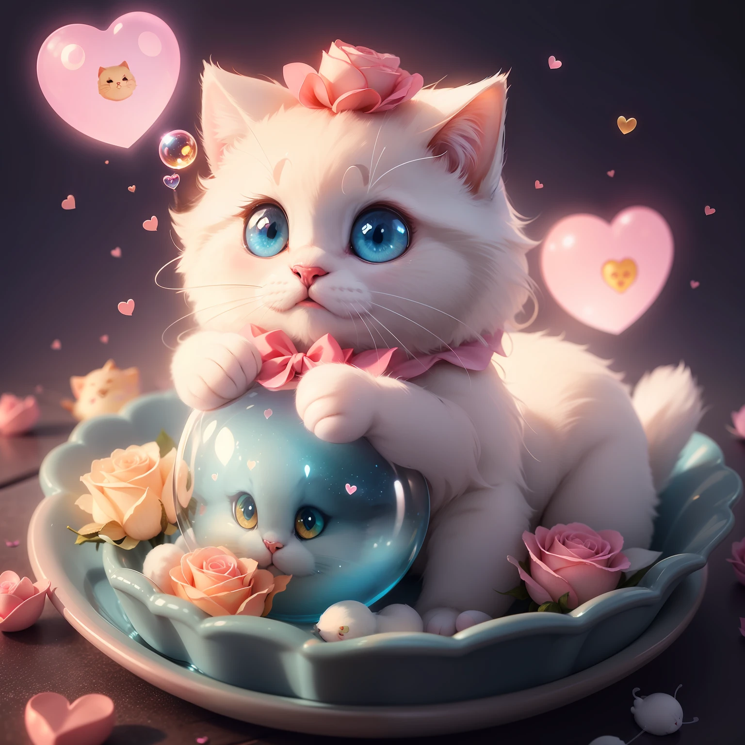 Gatinho branco pequeno fofo, olhos grandes e brilhantes, heart in bright eyes, fundo rosa com luzes amarelo brilhantes, floating shiny soap bubbles, borboleta voando brincando com o gatinho, Hearts of illuminated floating roses, linda arte e fofo.