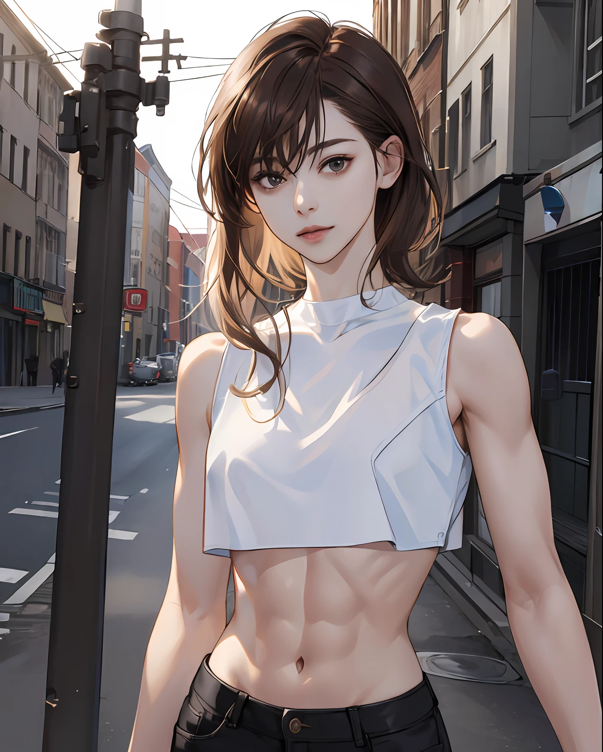 ((Realistic lighting、top-quality、8K、​masterpiece:1.3))、Clear Focus:1.2、1girl in、Perfect figure:1.4、fullnude、Slim abs:1.1、((dark brown  hair))、(White crop top:1.4)、(outside of house、natta:1.1)、Street、Super fine face、Narrow-eyed、二重まぶた、