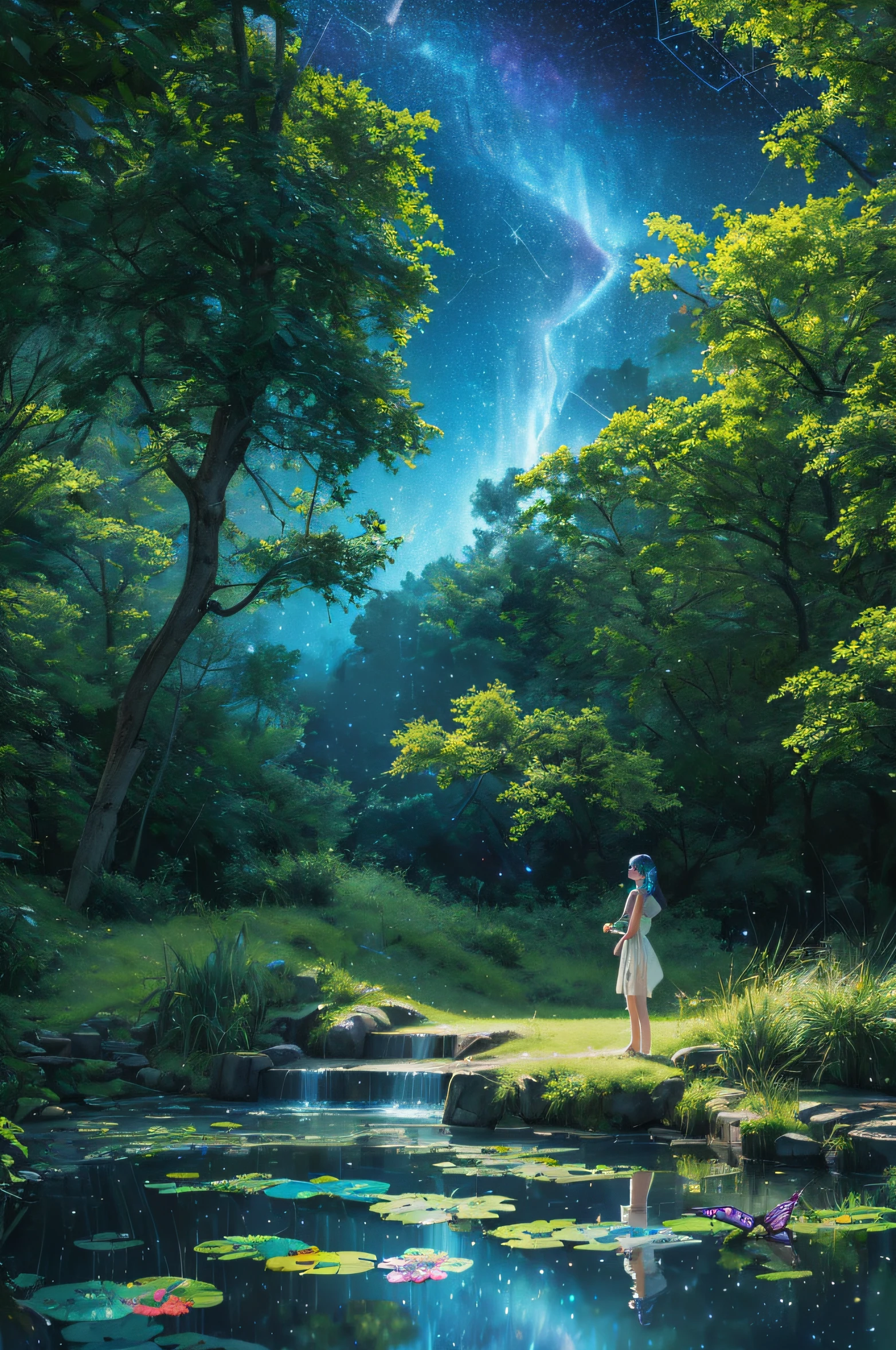 (Neon glowing butterfly)(Glowing watercolor butterfly), (Midnight Tree々A small pond surrounded by), (Constellations visible with shining stars:1.6), (Stars and shining butterflies are mirrors reflected in the pond), (Woman Standing On Pond), (Cyberpunk Butterfly)、Because it is very realistic、Viewers mistake it for a photo with a very detailed description.Situations that cannot happen in real life、ultra-detailliert、Aesthetic、masterpiece、top-quality、Photorealsitic、Looks great、Dramatic shadows、A landscape where evidence floats dimly