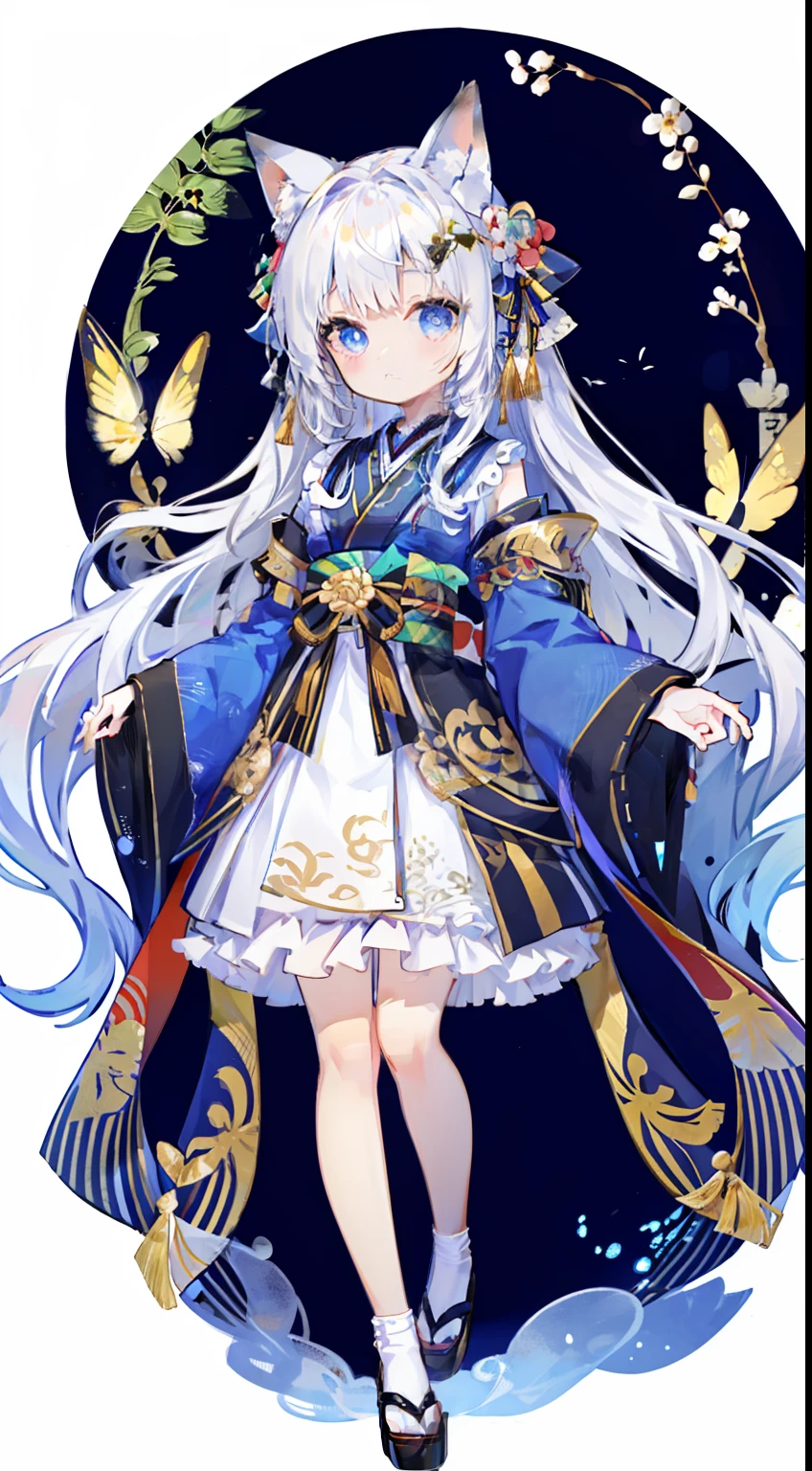 Standing Picture、full bodyesbian、cute little、​masterpiece、top-quality、Top image quality、white  hair、Long、kimono、Kimono Dresses、bow ribbon、black ribbon on the head、double peace、