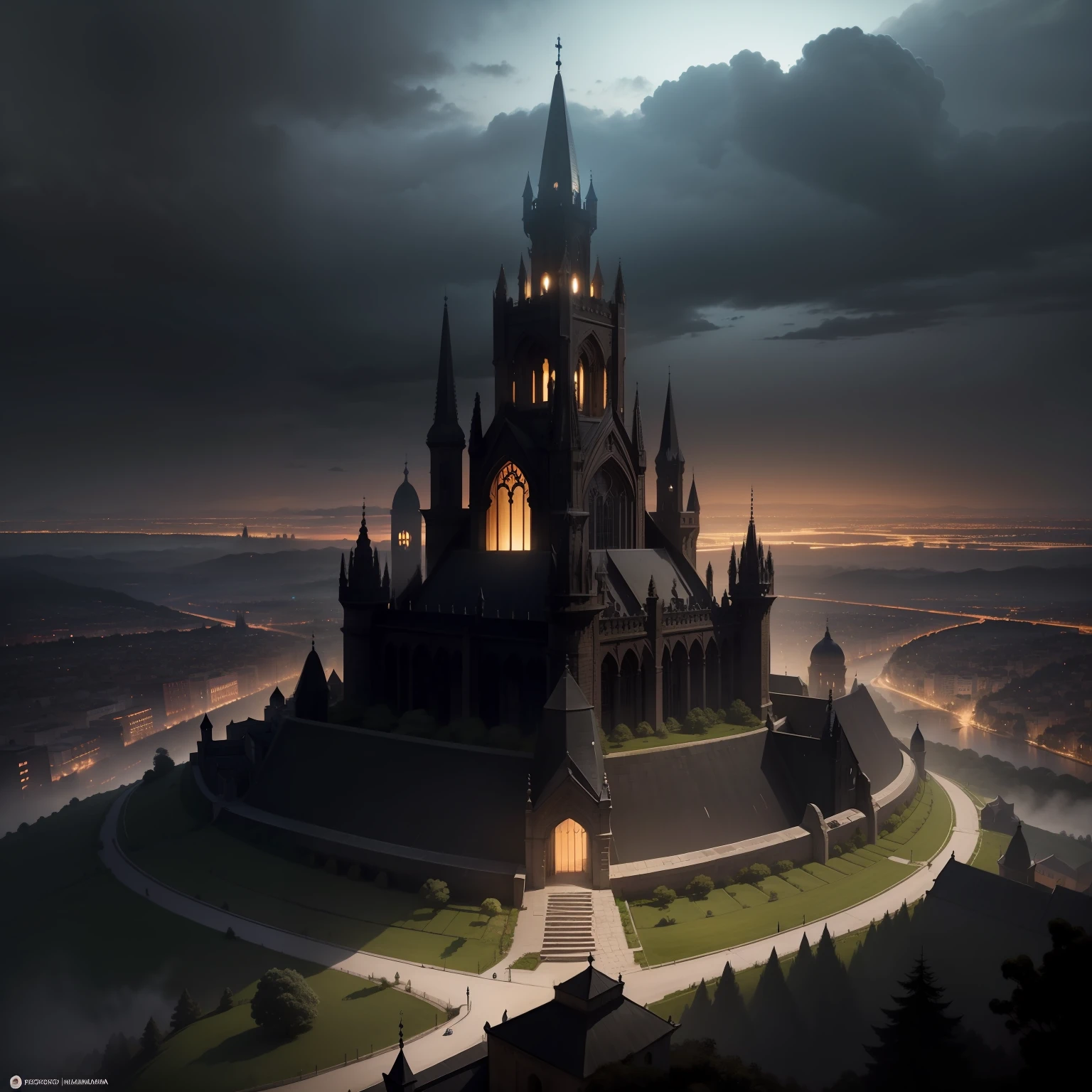 Create a necropolis, cidade medieval , cidade sombria , iluminada por uma luz crepuscular, shrouded in a dark black mist , a sky covered by endless black clouds , Threatening weather , genial , uma grande cidade governada por vampiros , habitantes sombrios , ruas pouco iluminadas, ruas medievais sombrias, View from above, alto detalhamento , fantastical setting, rochas negras ao fundo ,