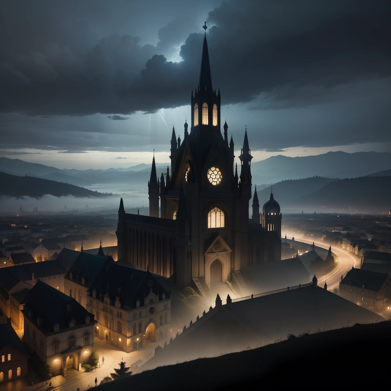 Create a necropolis, cidade medieval , cidade sombria , iluminada por uma luz crepuscular, shrouded in a dark black mist , a sky covered by endless black clouds , Threatening weather , genial , uma grande cidade governada por vampiros , habitantes sombrios , ruas pouco iluminadas, ruas medievais sombrias, View from above, alto detalhamento , fantastical setting, rochas negras ao fundo ,
