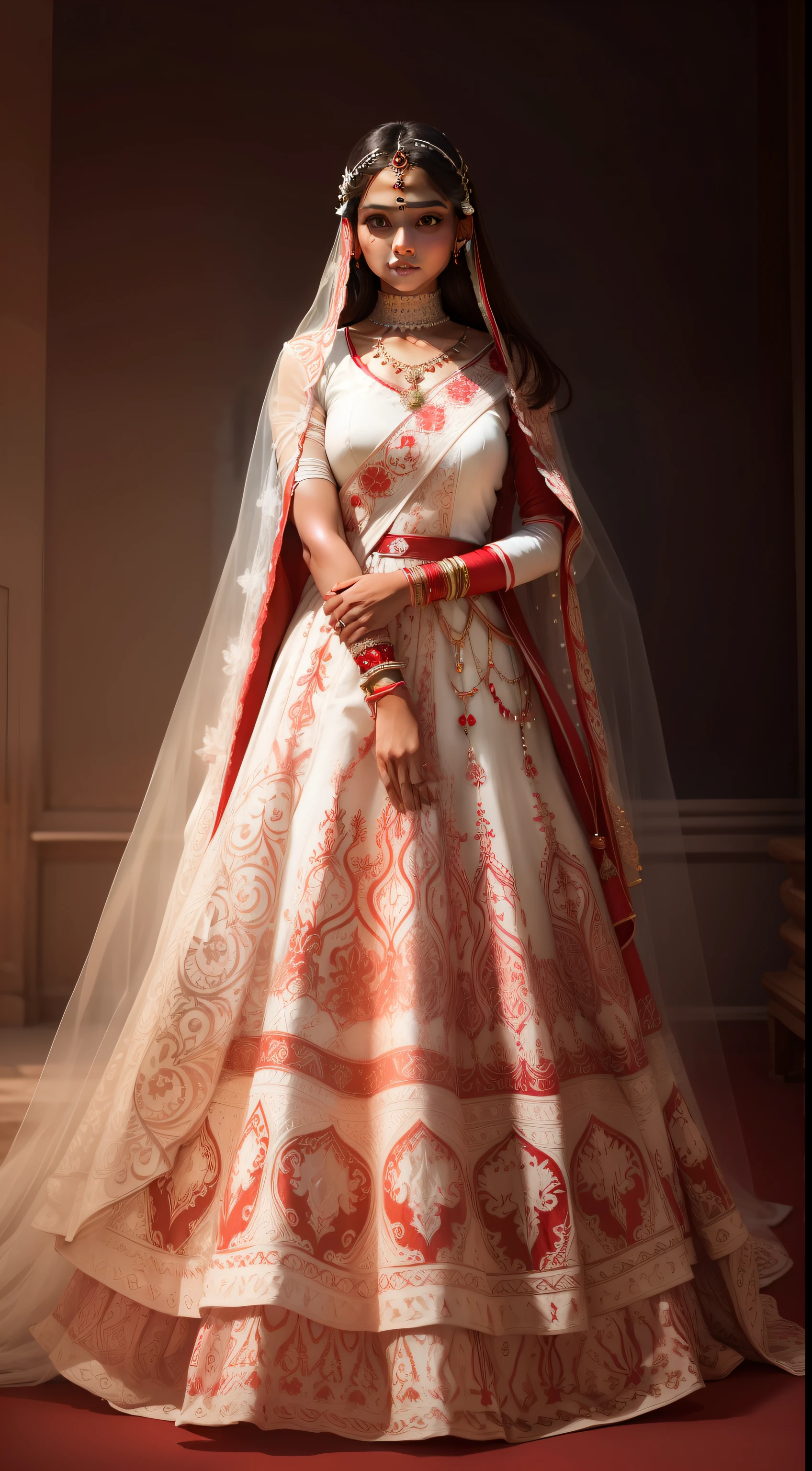 A indian girl, wearing white and red wedding dress, with designs on it, animated, clear face, and clear background.