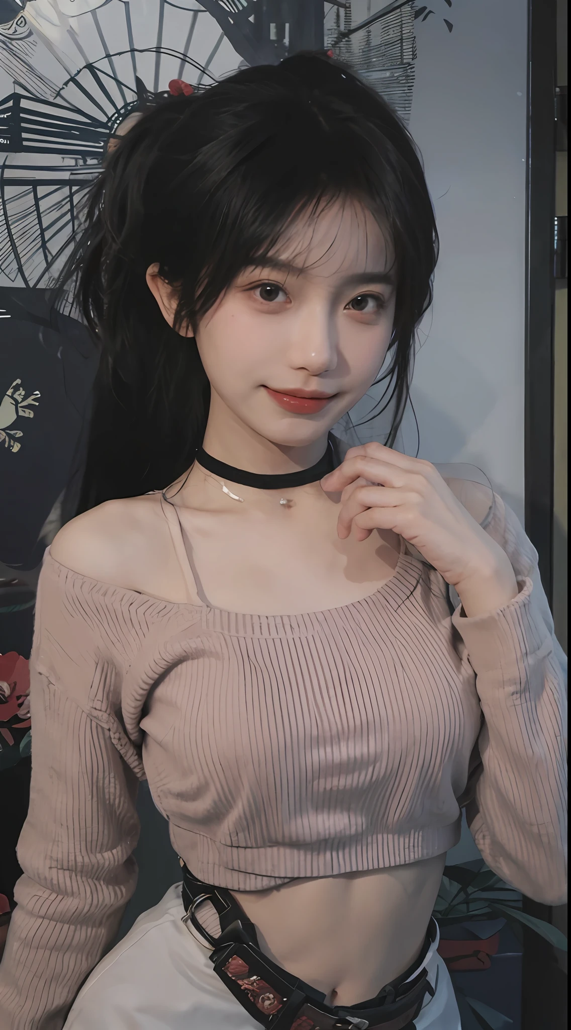 best qualtiy, 超高分辨率, (realisticlying:1.4),cute hairpin,Baoyu Girl,1girll, Raised sexy,a sense of atmosphere,Royal Sister,Beautiful woman with a slim figure:1.4, Abs:1.2, (High ponytail, mideum breasts:1.3), Pink cropped sweater:1.4, 浴室,Ultra-fine face,Elaborate Eyes,二重まぶた,ssmile,choker necklace