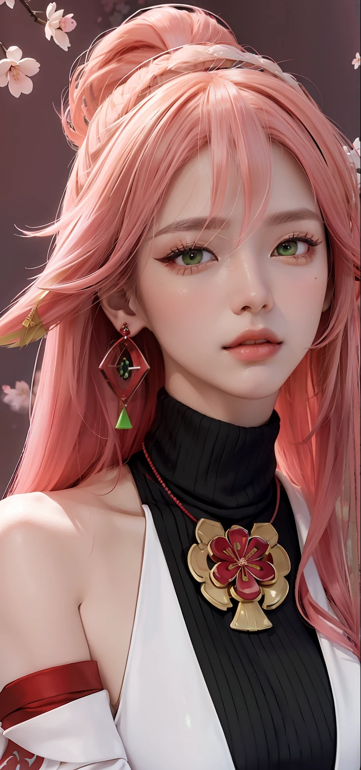 (Masterpiece, Excellent, 1girl, solo, complex details, color difference), realism, ((medium breath)), off-the-shoulders, big breasts, sexy, Yae Miko, long pink hair, red headdress, red highlight, hair above one eye, green eyes, earrings, sharp eyes, perfectly symmetrical figure, choker, neon shirt, open jacket, turtleneck sweater, against the wall, brick wall, graffiti, dim lighting, alley, looking at the audience, ((mean, seductive, charming)), ((cherry blossom background ))),((Japanese temple background)))), (((Glow-in-the-dark background)))