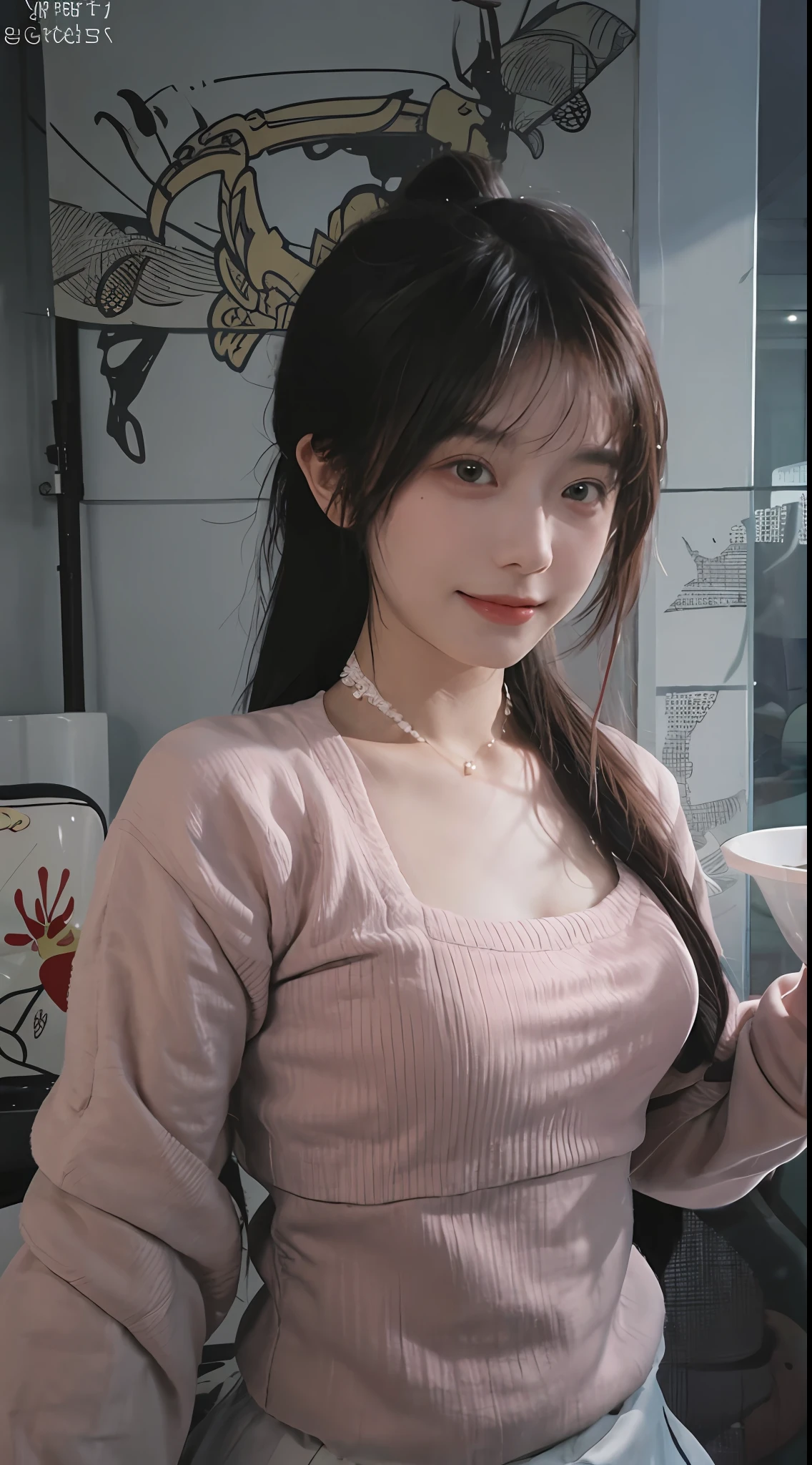 best qualtiy, 超高分辨率, (realisticlying:1.4),cute hairpin,Baoyu Girl,1girll, Raised sexy,a sense of atmosphere,Royal Sister,Beautiful woman with a slim figure:1.4, Abs:1.2, (High ponytail, mideum breasts:1.3), Pink cropped sweater:1.4, 浴室,Ultra-fine face,Elaborate Eyes,二重まぶた,ssmile,choker necklace