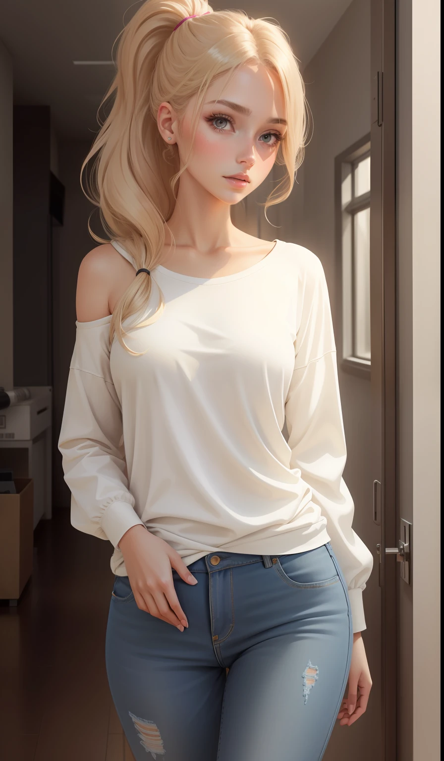 a woman in a casual clothing, white long sleeve T-shirt and jeans ,converse shoes, 17 years old, adult face, shoulder length slightly wavy hair, ((champagne coloured hair)) and gleaming detailed vibrant hazel eyes, slim frame, medium breasts, long legs, beautiful face, medium butt size, small feet size, small hand size, perfect hands, scary face, beautiful face, pretty face, hot woman, British woman, cream skin, small soft pink lips , small to medium breast size, sharp features, slim hourglass figure, ashen hair, ponytail hair style