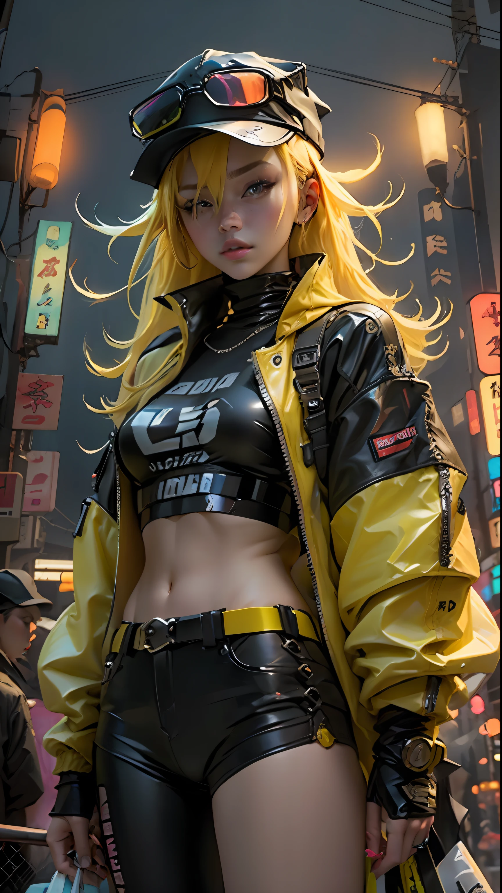 Beautiful woman medium yellow hair, wearing cap, cyberpunk style neon clothes made of pvc, tokyo as background