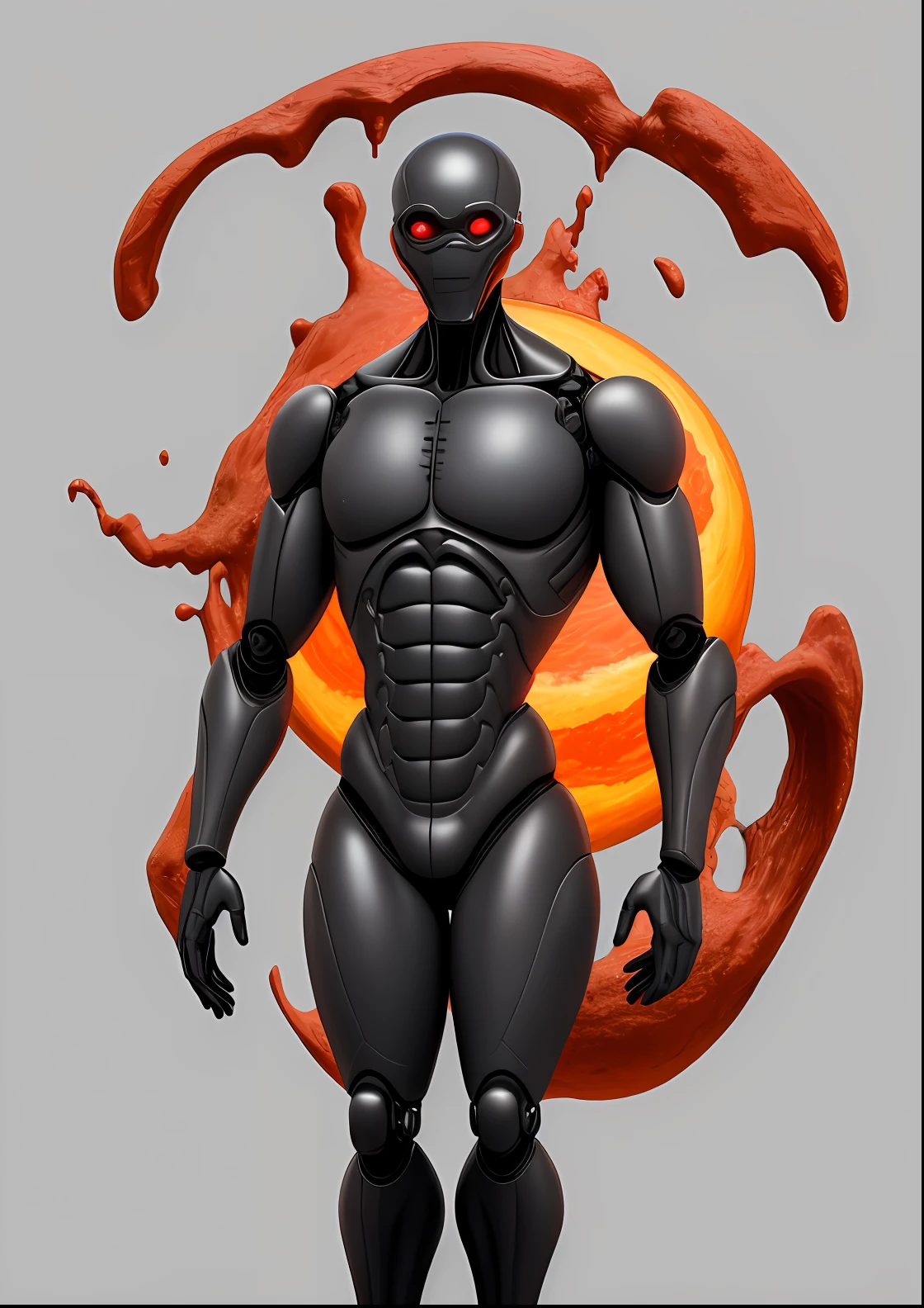 um desenho de um homem em um terno com olhos vermelhos, gray anthropomorphic, corpo com lava preta e vermelha, forma humanoide, an scp anomalous object, Anthropomorphic _ Humanoid, anthropomorphic humanoid, arte conceitual, com pistolas de plasma, ciborgue derretido, humanoide detalhado, Homem cromado enorme, sci - personagem de fi,Estilo 3D