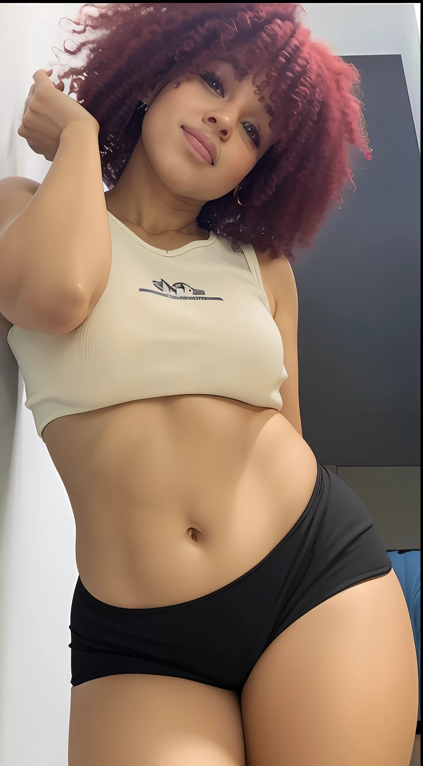 There's a woman with a red afro posing for a photo, Photo adjustment, 2 Modelo feminina de 4 anos, her navel is exposed, tinyest midriff ever, com abdominais, physical : tinyest midriff ever, corpo sensual com barriga sexy, Camisa de corte e abdominais fortes, thicc, coxas expostas!!!, recorte de meio corpo