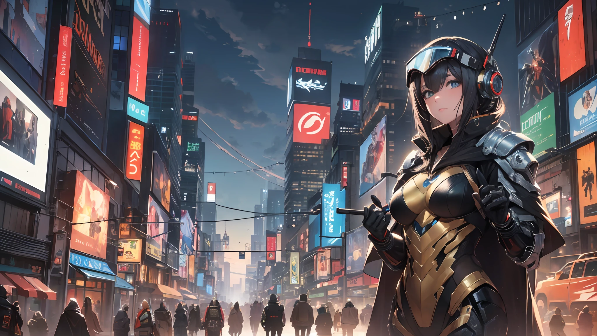 ((Best quality)), ((masterpiece)), (highly detailed:1.3)  cyberfusion, assassin robot cyborg wearing robes cape, elite corporate security, cyberpunk shopping district, gold accents --auto --s2