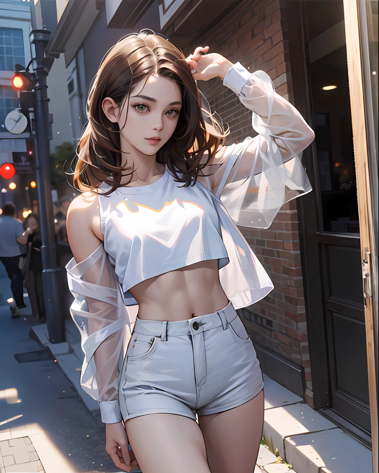 ((Realistic lighting、top-quality、8K、masterpiece:1.3))、Clear focus:1.2、1girl in、Perfect figure:1.4、fullnude、Slim abs:1.1、((dark brown hair))、(White crop top:1.4)、(outside of house、natta:1.1)、Street、Super fine face、Narrow-eyed、二重まぶた、