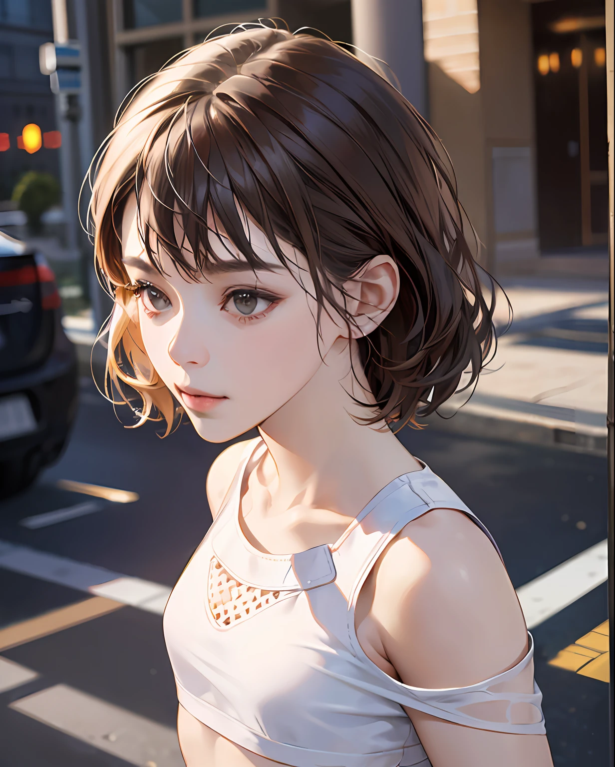 ((Realistic lighting、top-quality、8K、masterpiece:1.3))、Clear focus:1.2、1girl in、Perfect figure:1.4、fullnude、Slim abs:1.1、((dark brown hair))、(White crop top:1.4)、(outside of house、natta:1.1)、Street、Super fine face、Narrow-eyed、二重まぶた、