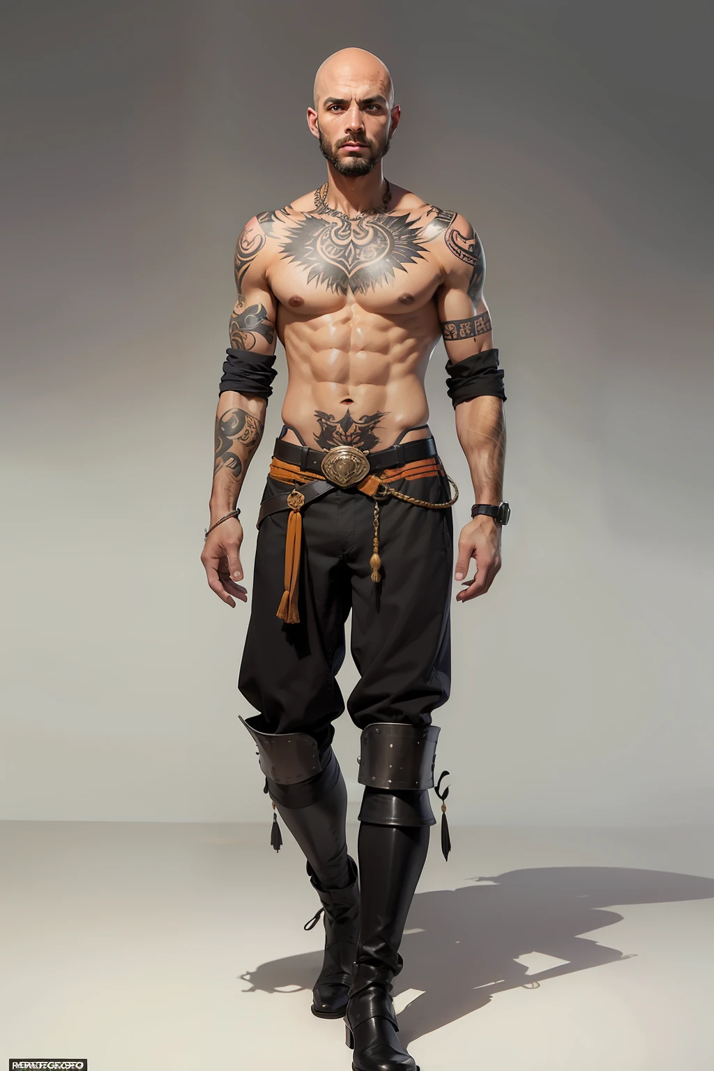 realista, homem careca, careca, corpo todo tatuado, tatuagens, manto medieval marrom, armadura prateada, armadura medieval, pants, bota, corpo todo, corpo inteiro, sem fundo