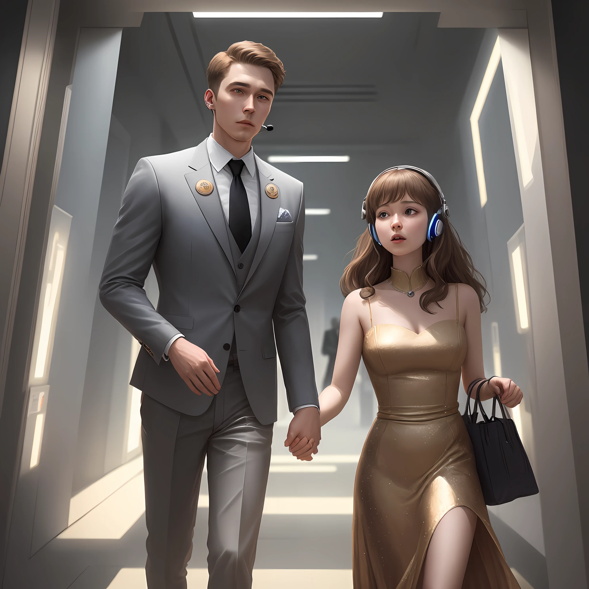 Dois agentes especiais encaram um portal iluminado. O homem, de 23 anos e pele marrom clara, wears an elegant suit and holds his badge. A mulher, 24 years old and also light brown skinned, possui cabelos cacheados, She is chubby and wears an elegant dress. A discreet headset connects it to a communication network. The atmosphere is mysterious and futuristic, as they face the escape with determination.