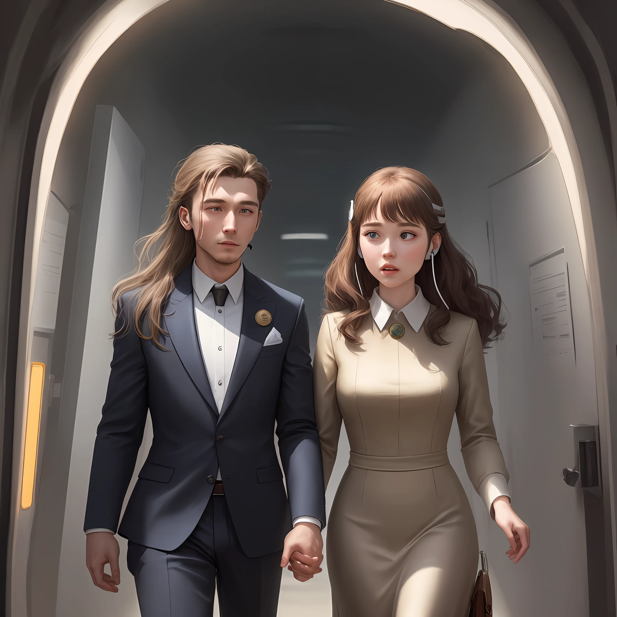 Dois agentes especiais encaram um portal iluminado. O homem, de 23 anos e pele marrom clara, wears an elegant suit and holds his badge. A mulher, 24 years old and also light brown skinned, possui cabelos cacheados, She is chubby and wears an elegant dress. A discreet headset connects it to a communication network. The atmosphere is mysterious and futuristic, as they face the escape with determination.