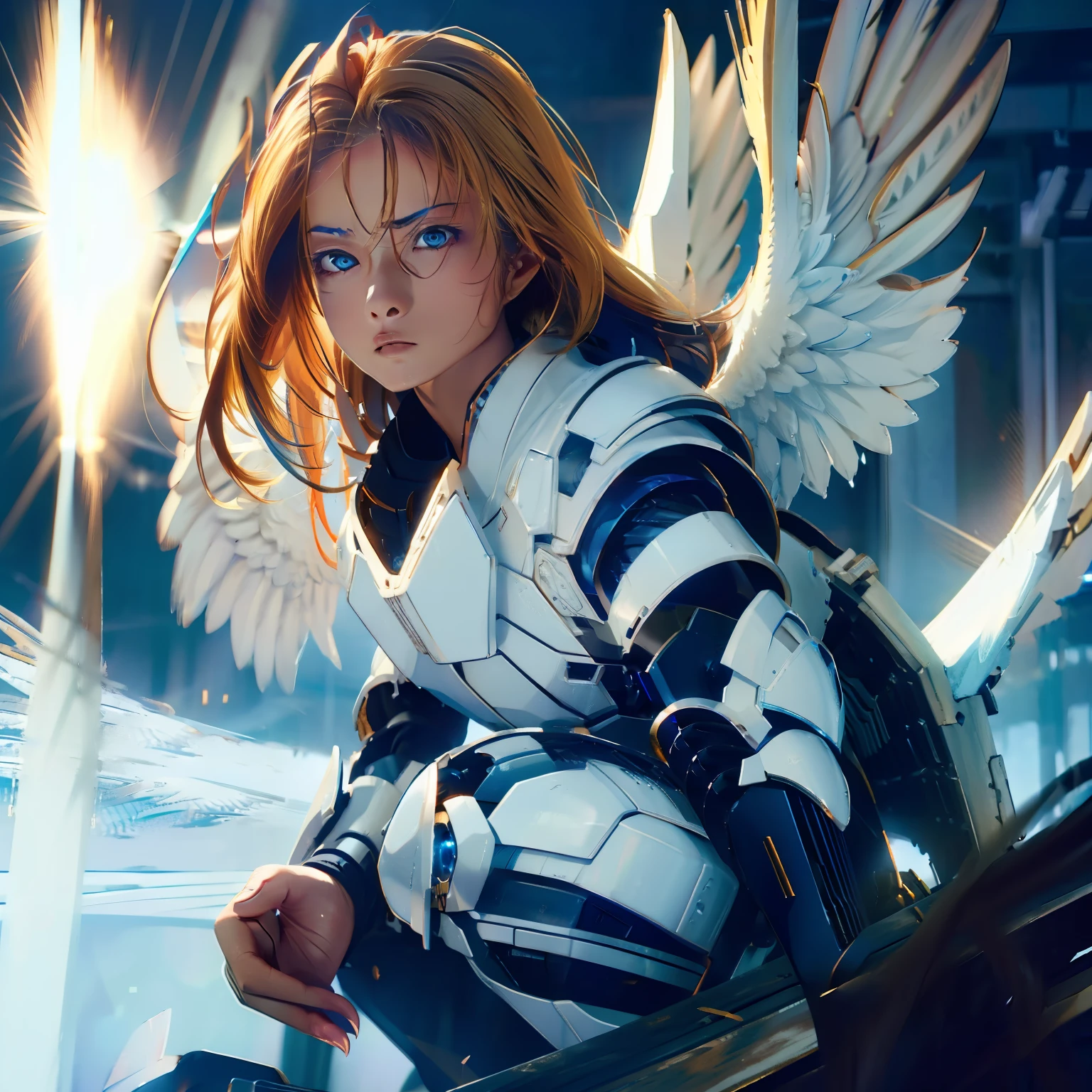 (highres, best quality, masterpiece), depth of field, adult female, solo, bold colors 4K, dramatic lighting, action scene, blonde hair, hair parted, hair between eyes, blue eyes, (detailed eyed), looking fierce, serious expression, angry expression, looking out into the distance, looking away, smooth skin, fully body, physically fit body, mechanical armor, (high-tec armor), angelic wings, white wings, hovering in the air, gliding in the air, making a fist, looking to strike, closed_mouth, crouching down, shooting a beam of light from her hand, firing a blast of blue light from her palm, a beam of pure energy