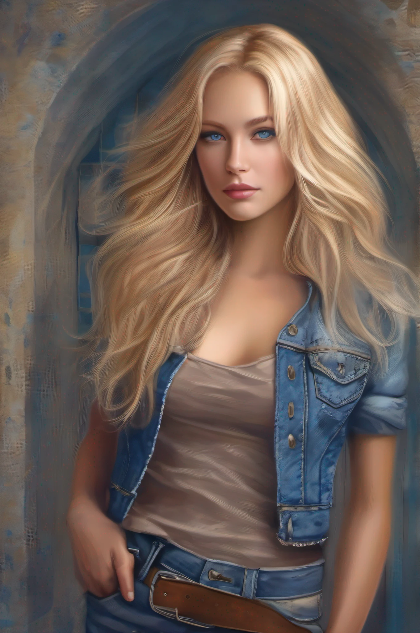 a beautiful 25-year-old woman, blonde with long hair and blue eyes, model body, with a short dress and a jean jacket